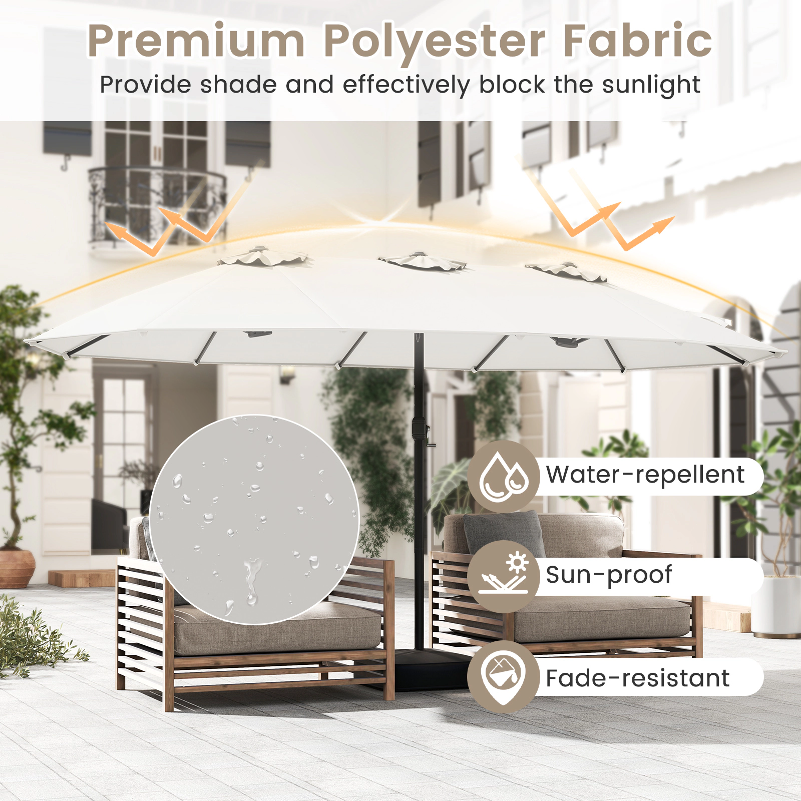 SUGIFT 15-ft Beige Double-Sided Rectangular Patio Umbrella with Cross Stand and Sandbags