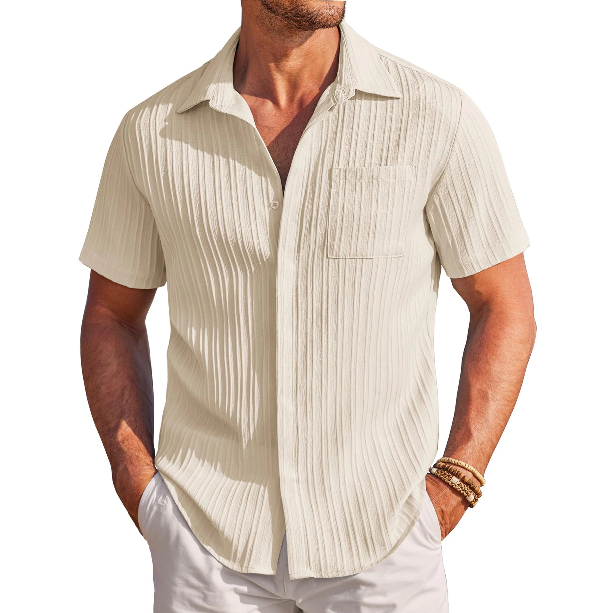 COOFANDY Mens Short Sleeve Button Down Shirts  V Neck Pleated Casual Tops