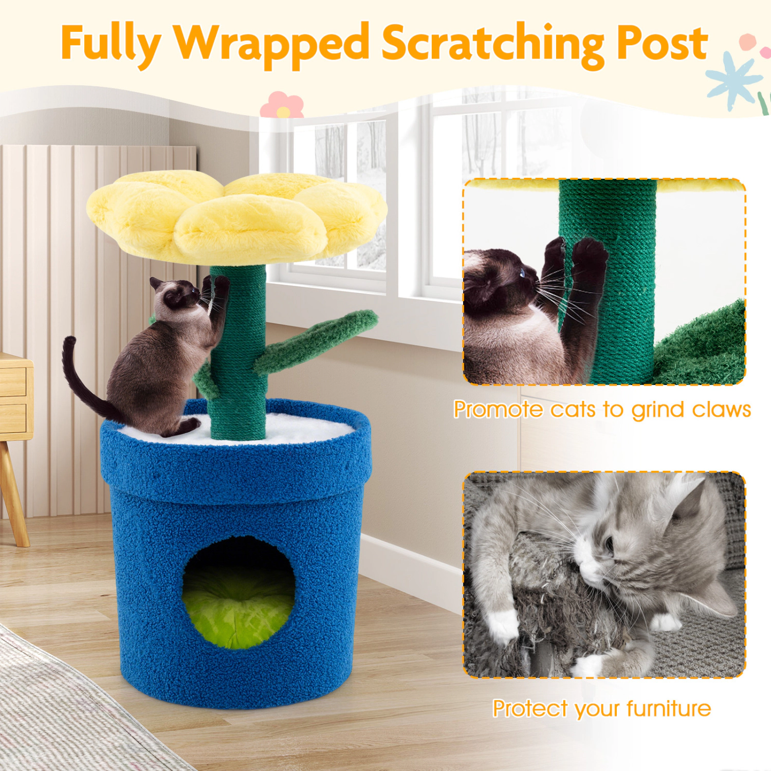 SUGIFT Cat Tree Yellow Flower Design with Padded Perch and Jute Rope Scratching Post