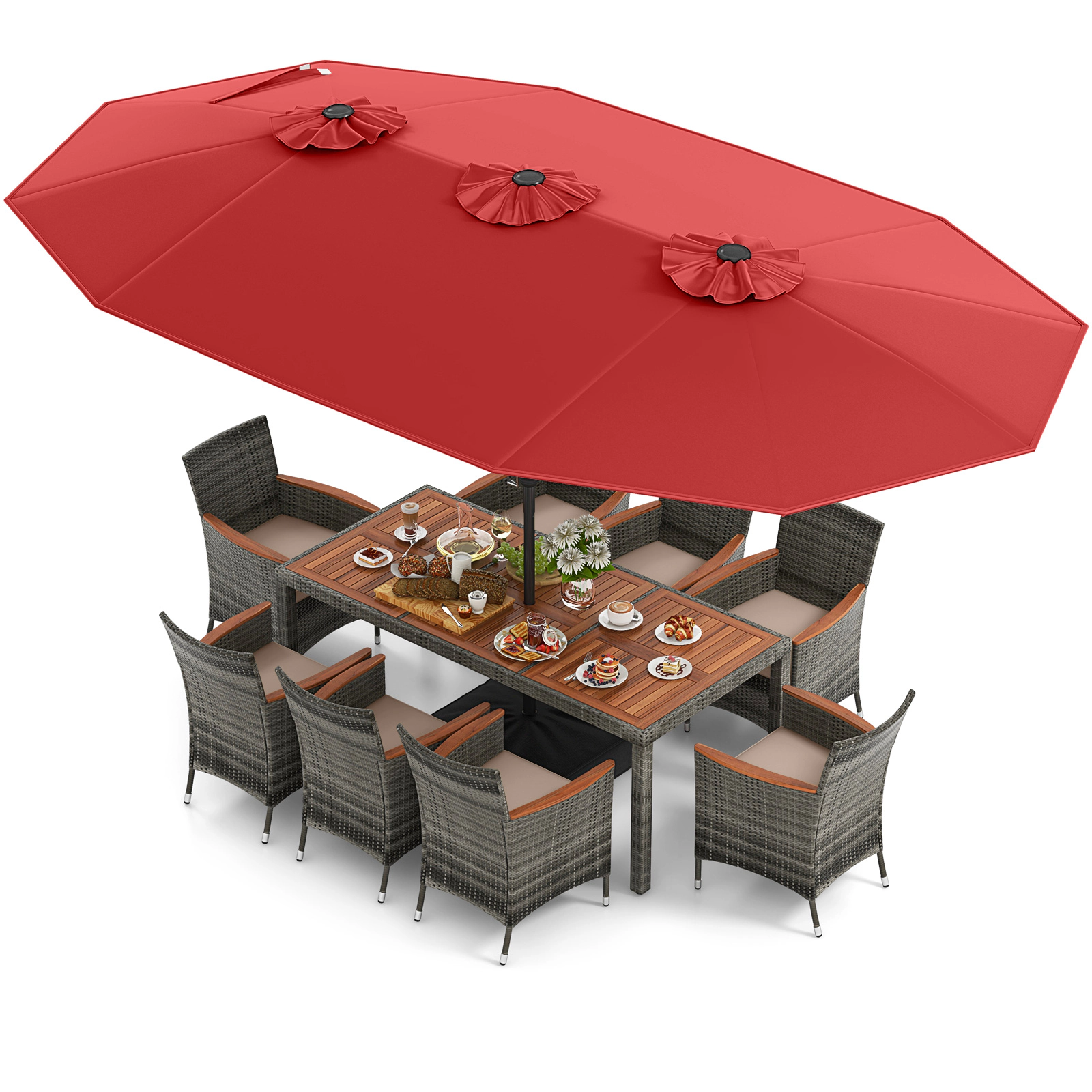 SUGIFT Red 15 Feet Double-Sided Umbrella and Base 10-Piece Patio Wicker Dining Set