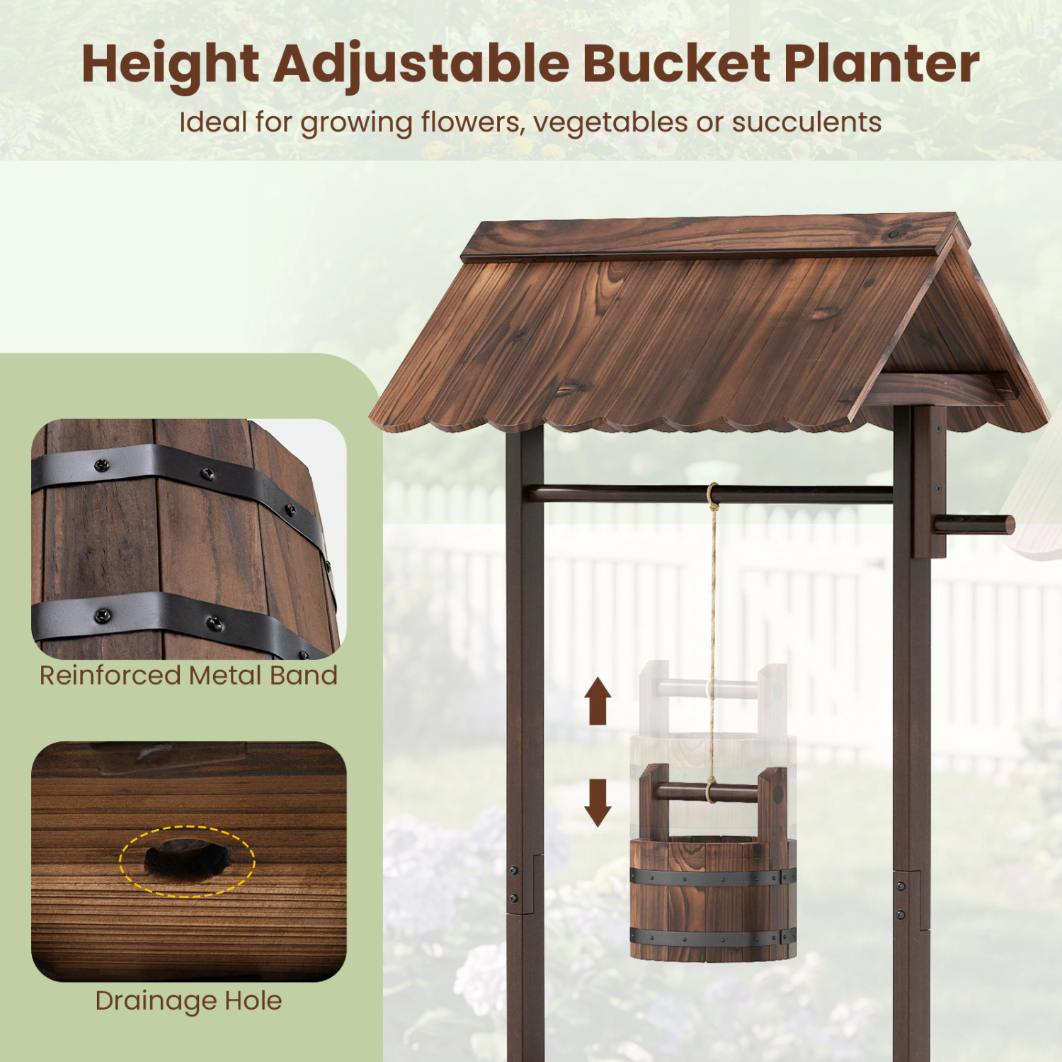 Hivvago Decorative Wooden Wishing Well Planter