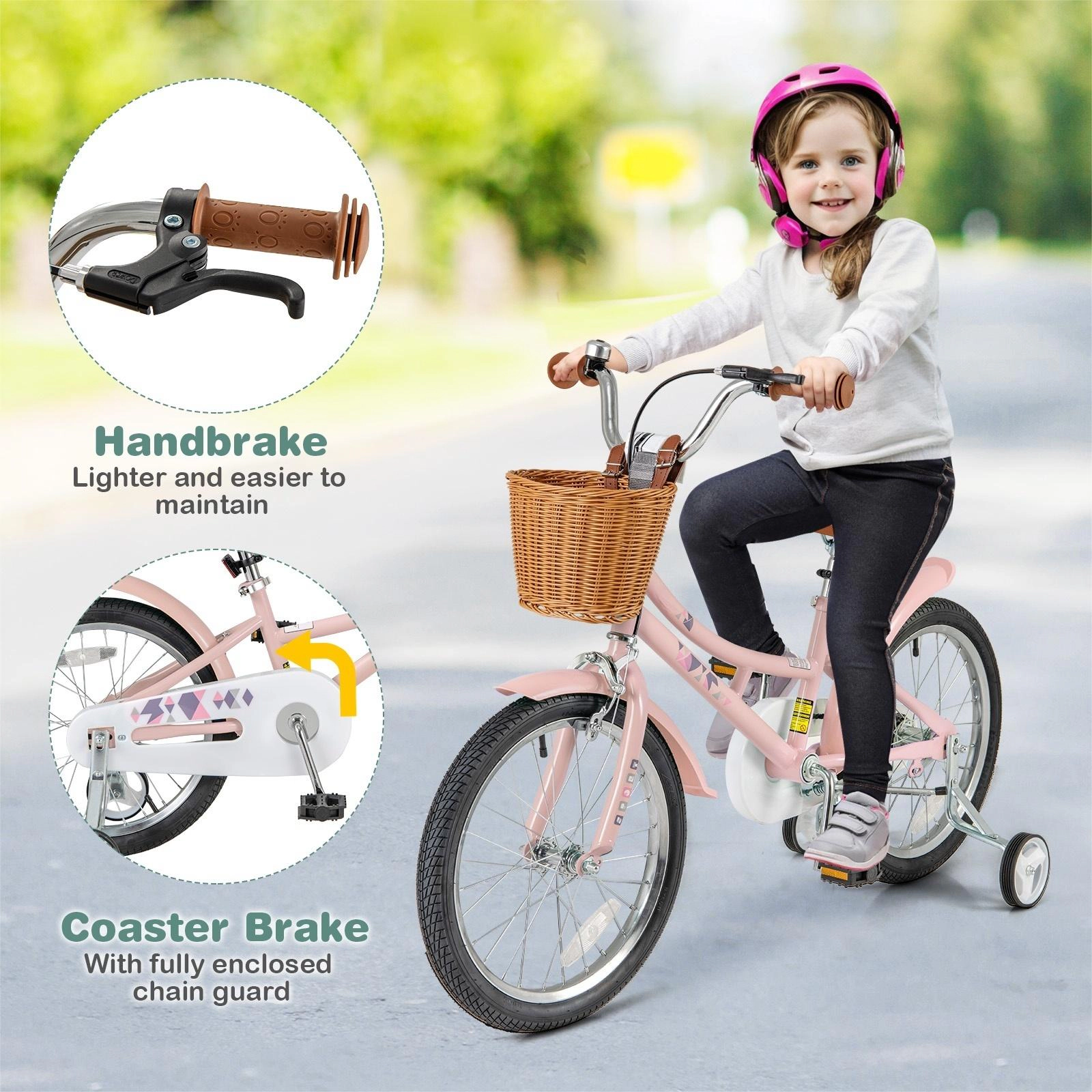 SUGIFT Pink Removable Basket Training Wheels Fenders and Kickstand Kids 18 Inch Retro Bike