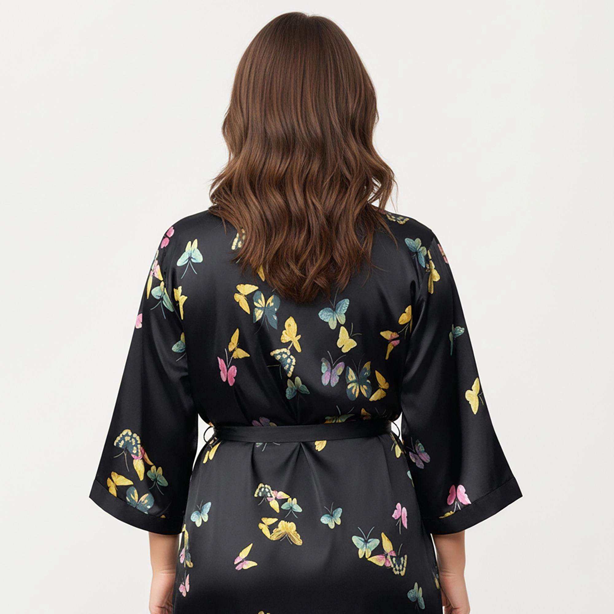 Anna-Kaci Women's Plus Butterfly Print Satin Robe with Wrap Front Design Wide Sleeves and Adjustable Tie Waist Belt