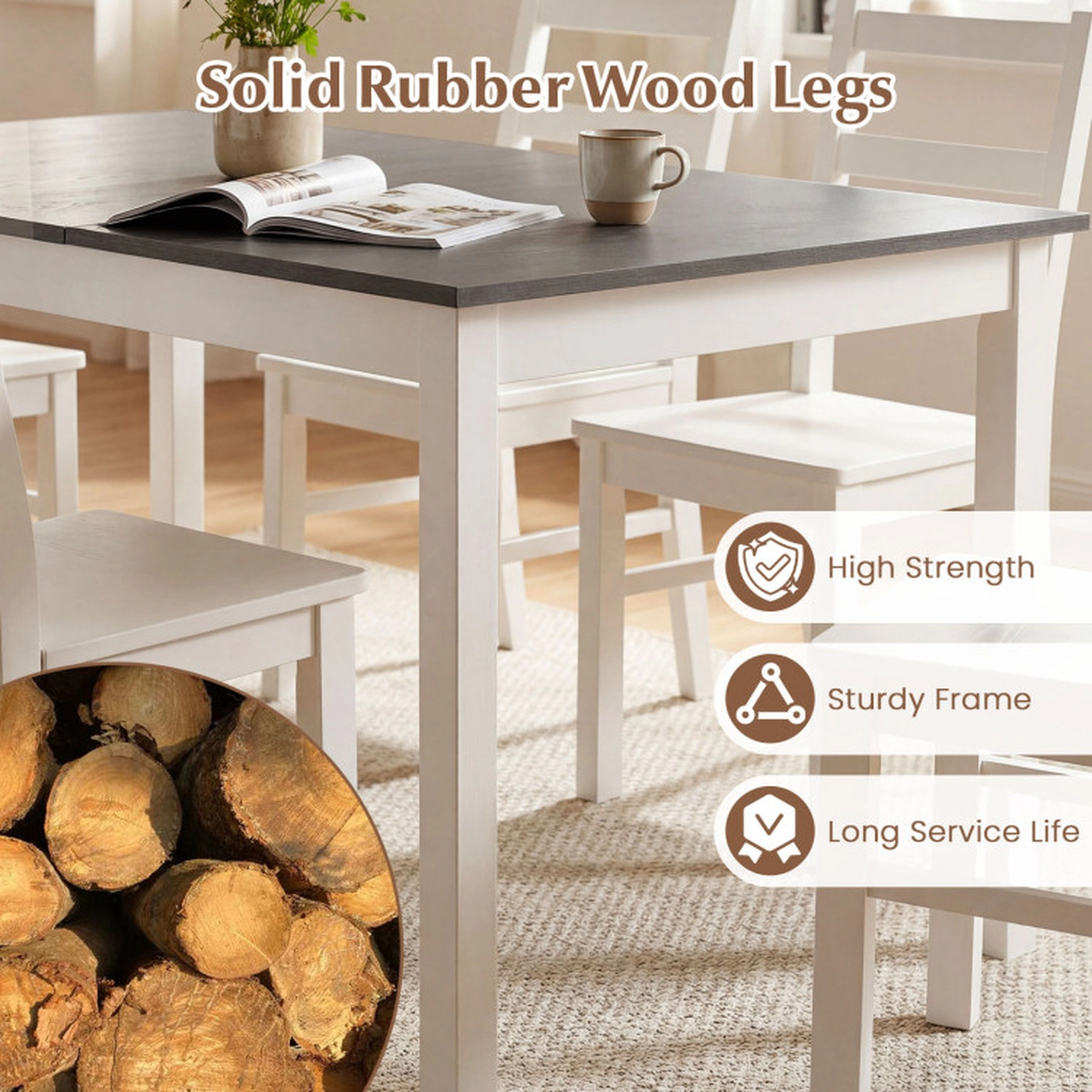 SUGIFT 60-in Gray Rectangular Wood Dining Table for 6 with White Rubber Wood Legs