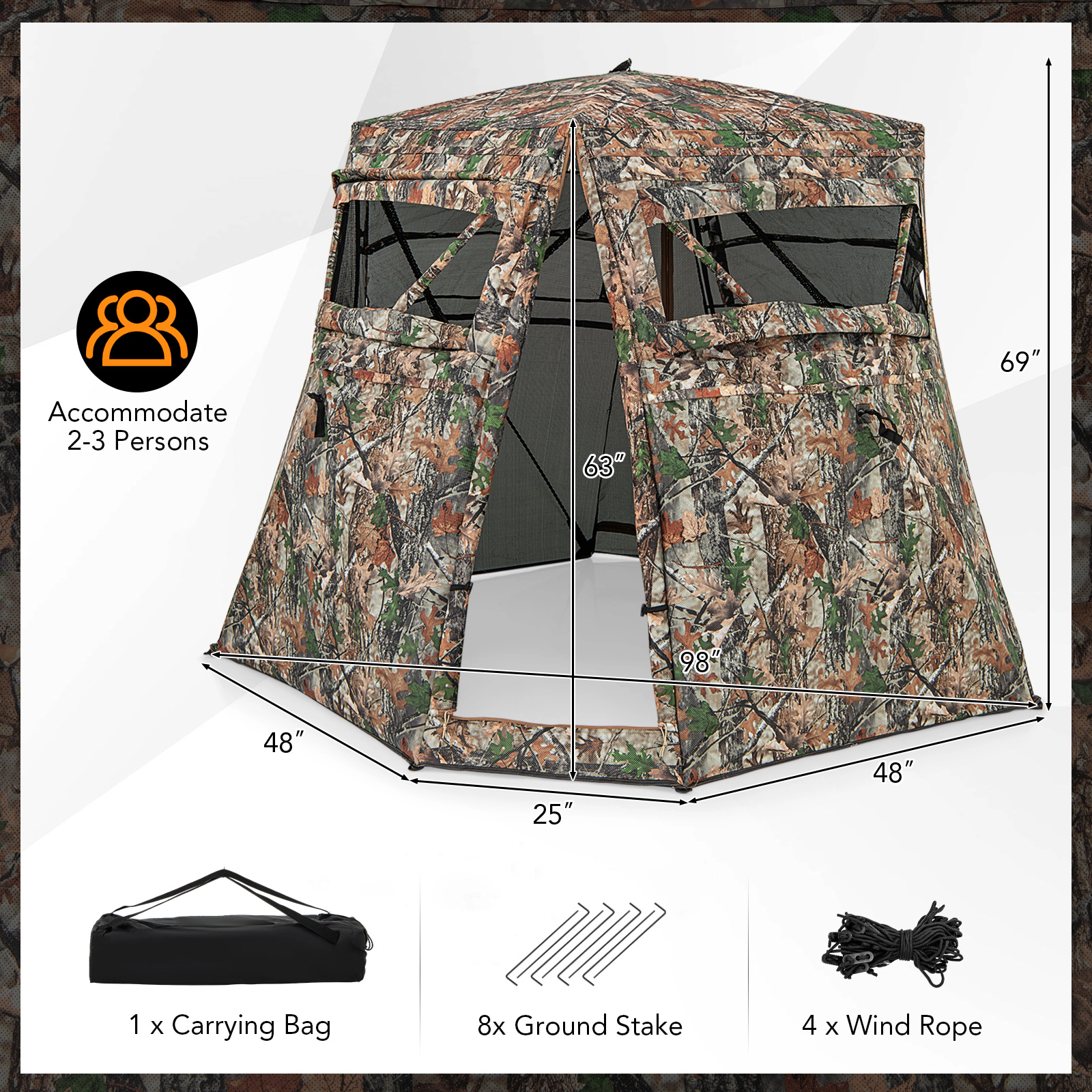 SUGIFT 360° One Way See Through Ground Hunting Blind Tent with Sliding Windows 69-in Tall Camouflage