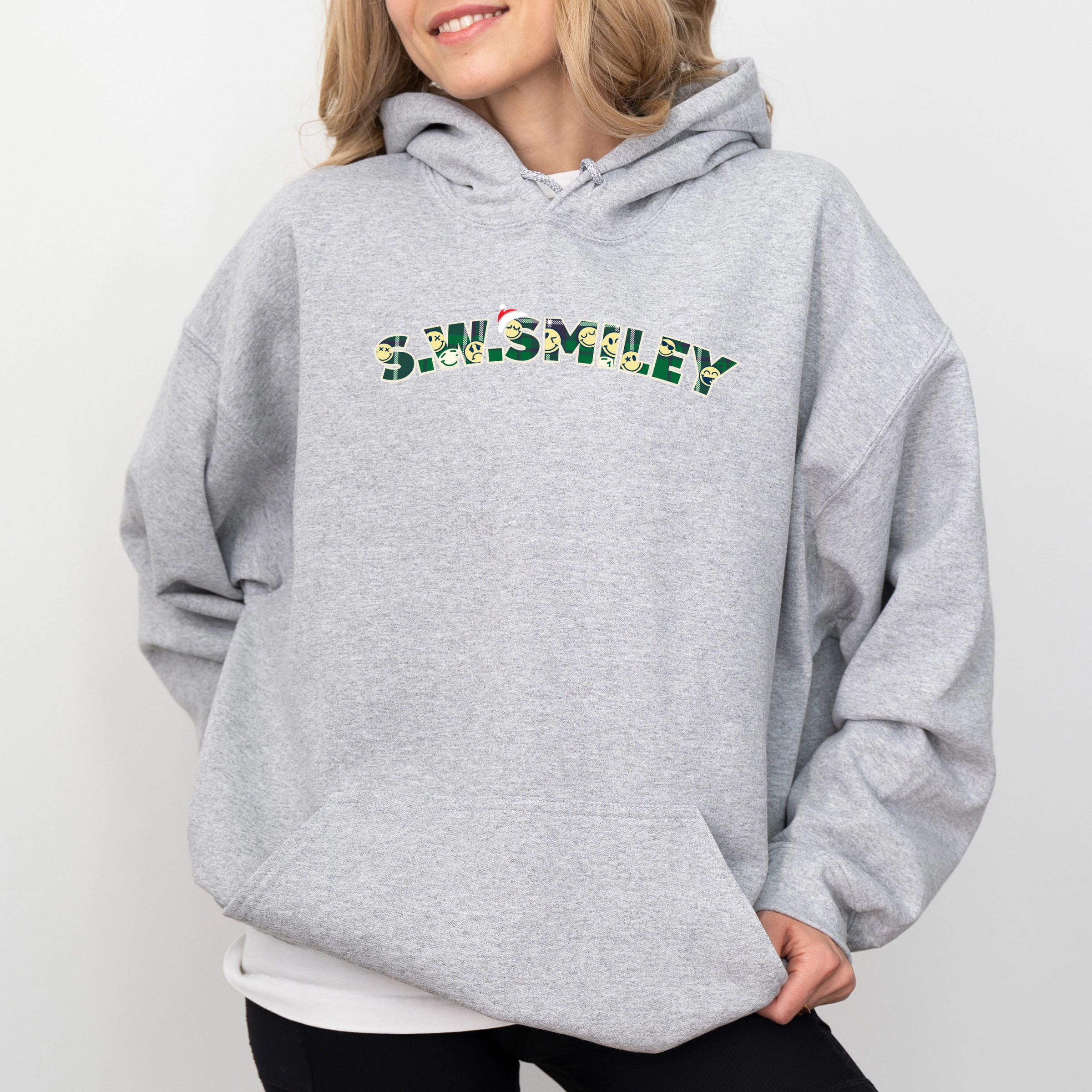 Simply Sage Market - Women's Graphic Hoodie S.W.Smiley Christmas Green Plaid