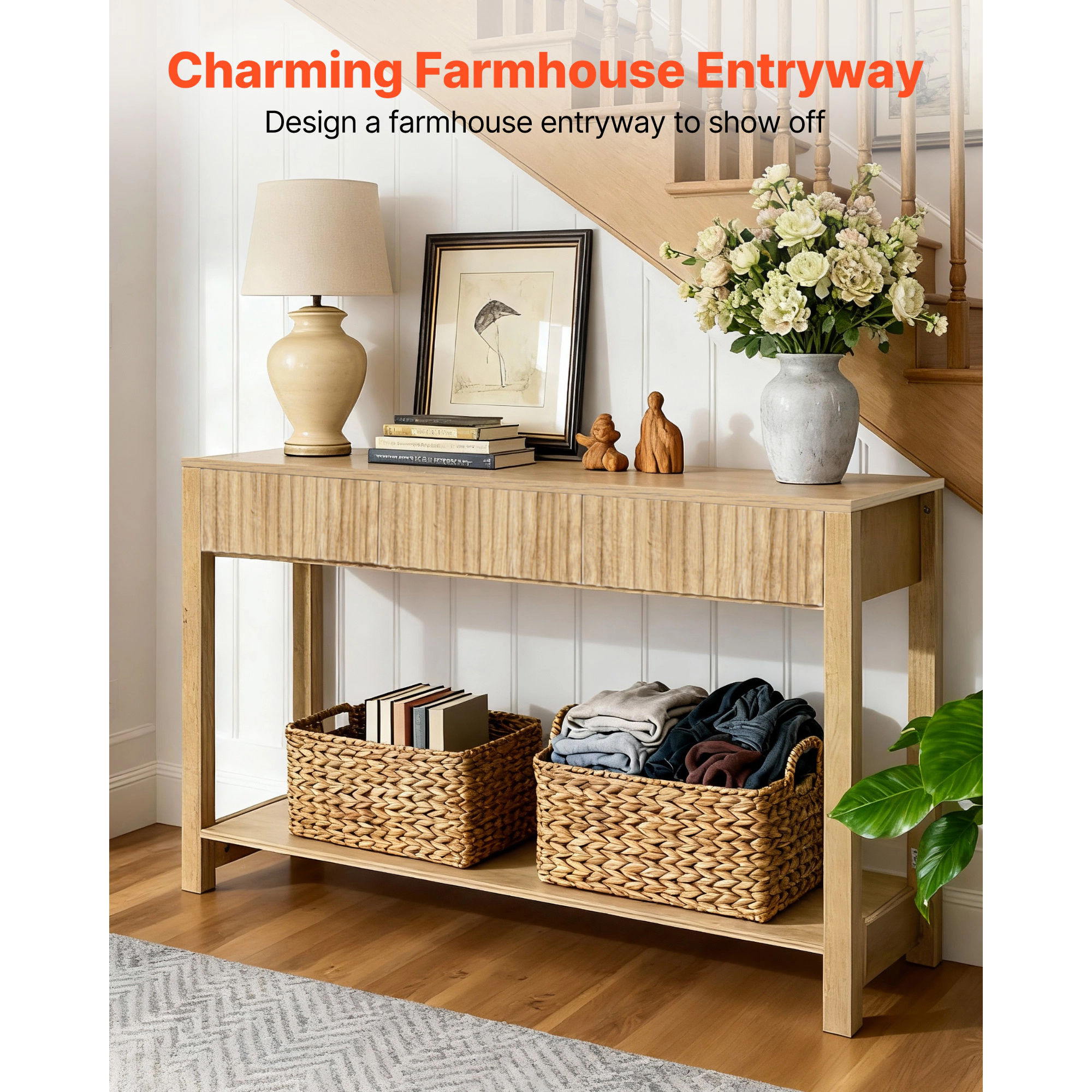 HONGGE Console Table Farmhouse Desk Behind the Couch Wooden Rectangle Entrance Narrow Sofa Table for Hallway Bedroom