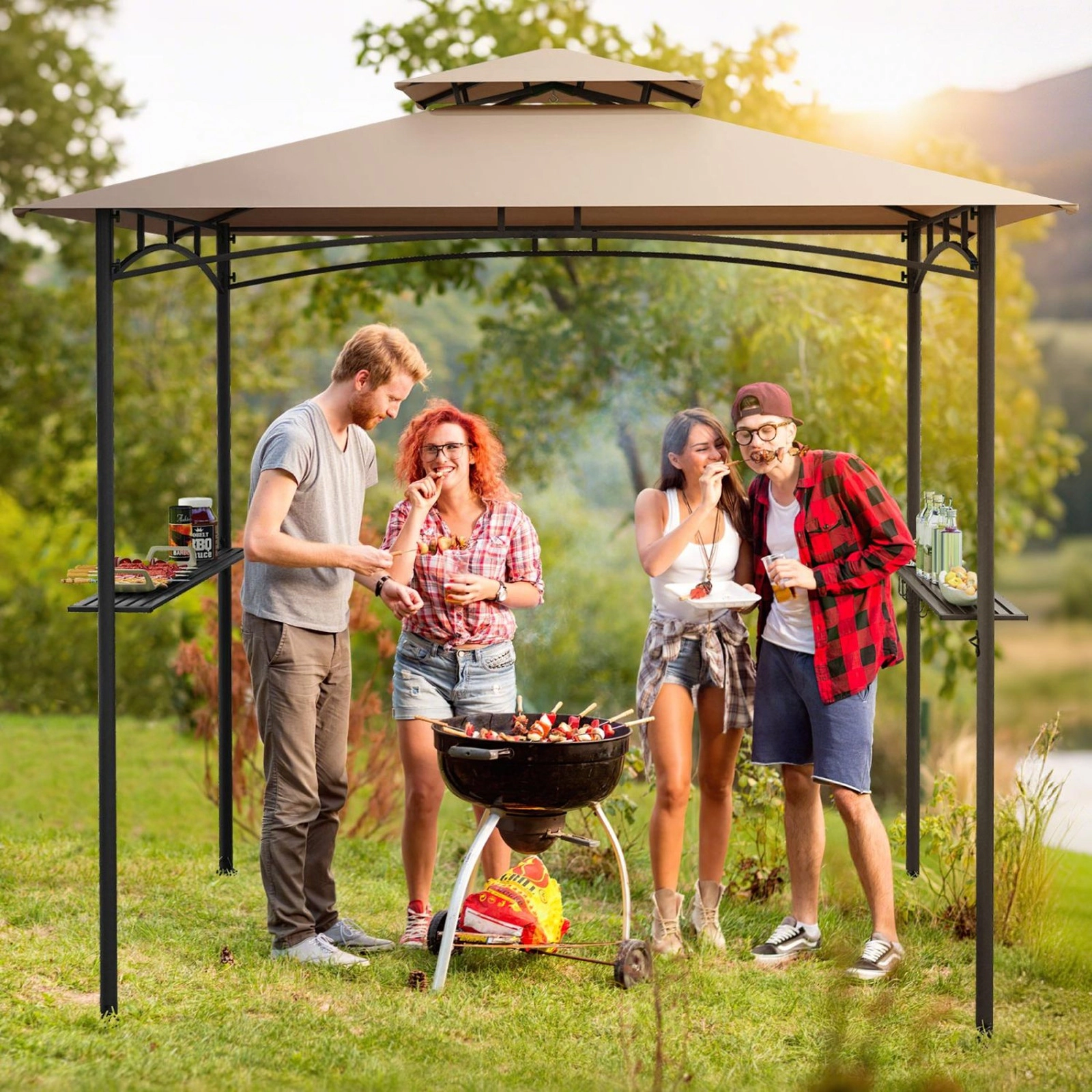 SUGIFT 8-ft x 5-ft Gray Grill Gazebo BBQ Canopy with Double-Tiered Roof 2 Side Shelves and 6 Hooks