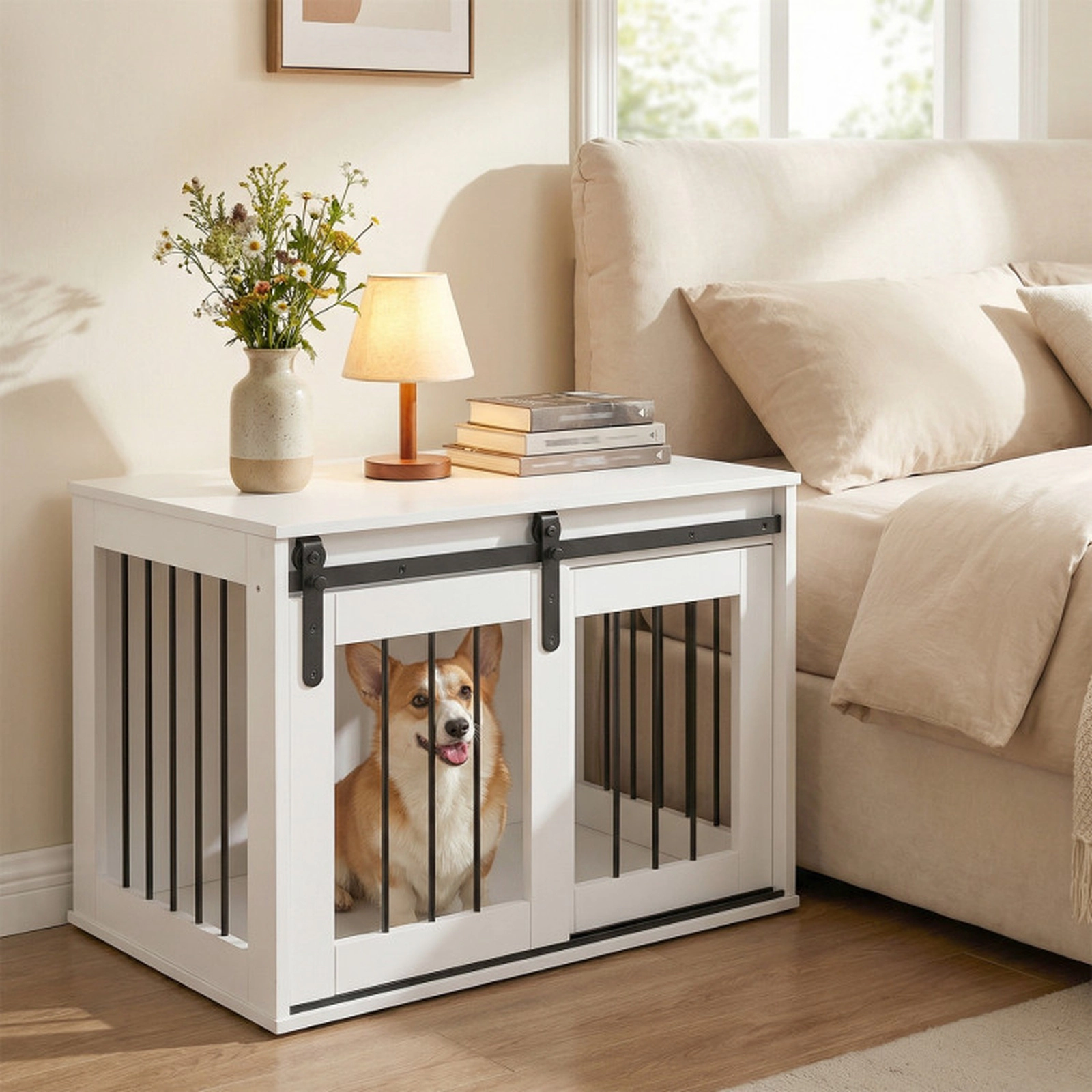 SUGIFT White 31.5-in Dog Crate Furniture Kennel with Sliding Barn Door Slatted Side Windows and Tabletop