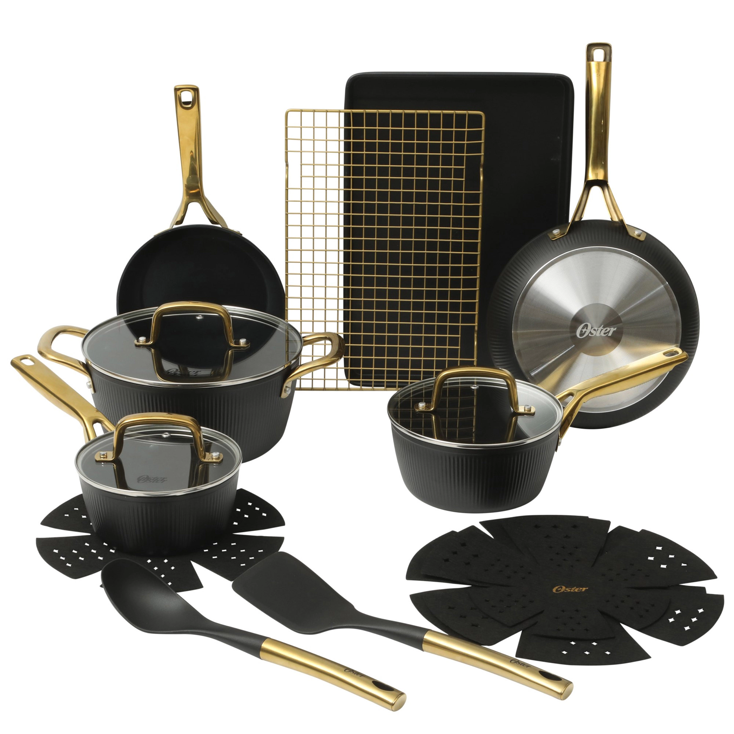 Oster Abbottsford 16 Piece Ceramic Nonstick Aluminum Cookware Set in Black with Gold Handles