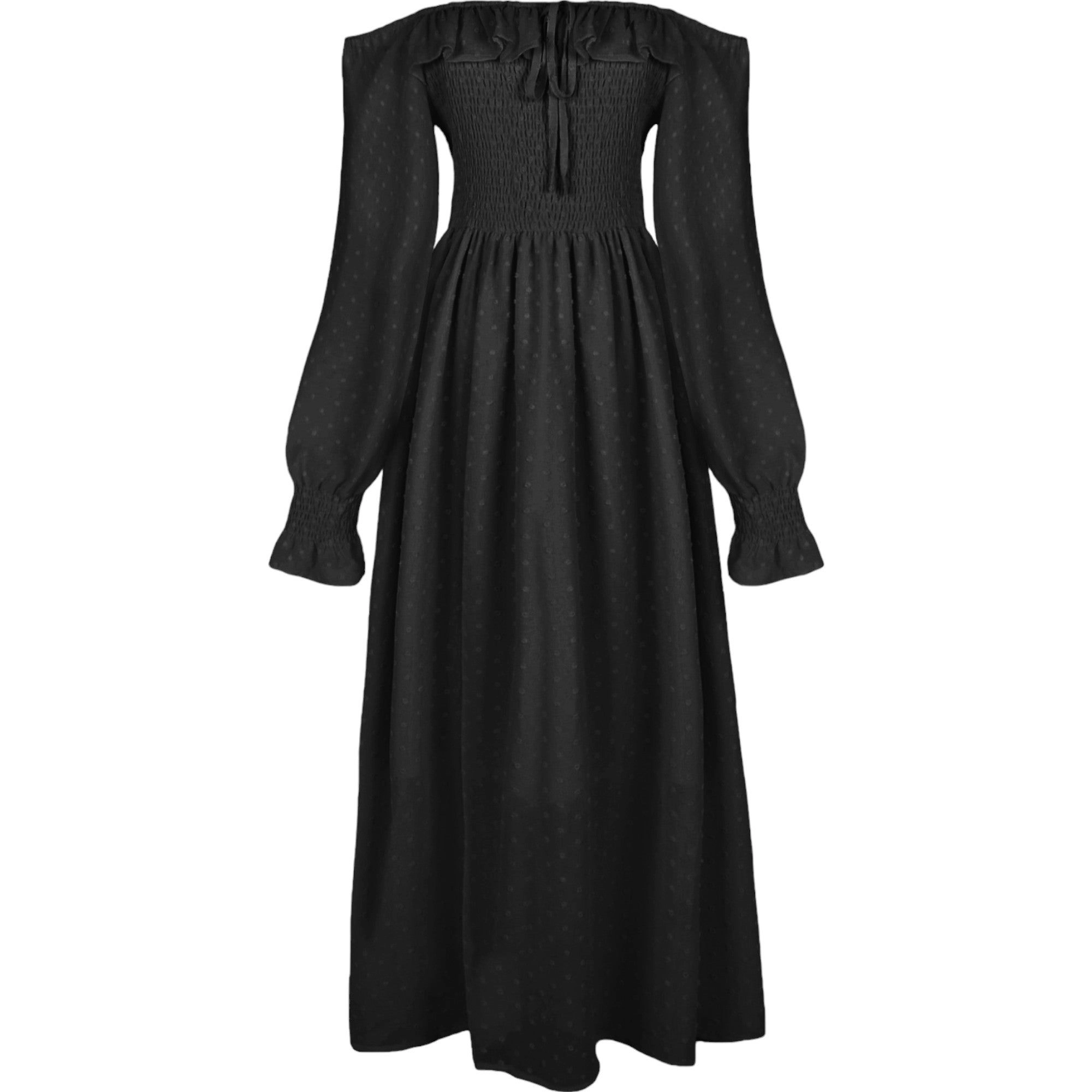 Anna-Kaci Womens Black Swiss Dot Off-Shoulder Smocked Maxi Dress
