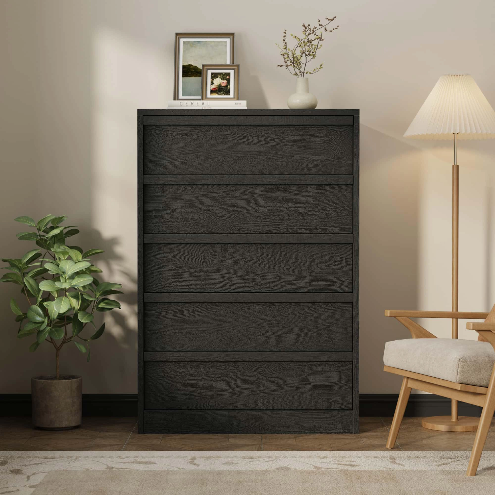 5 Drawer Dresser, Freestanding MDF Chest of Drawers with Storage Top and Anti-Tip Hardware for Bedroom