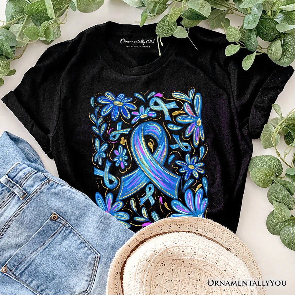 OrnamentallyYou Unisex Diabetes Blue Ribbon Floral Awareness T-Shirt