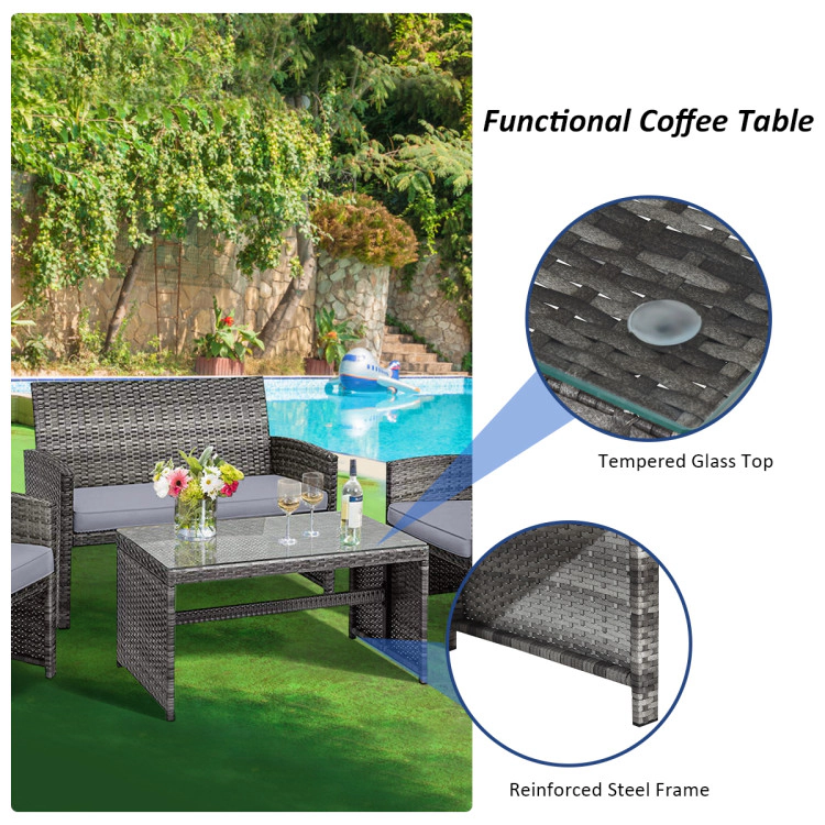 Hivvago 4 Pieces Patio Rattan Furniture Set With Glass Table And Loveseat-Gray