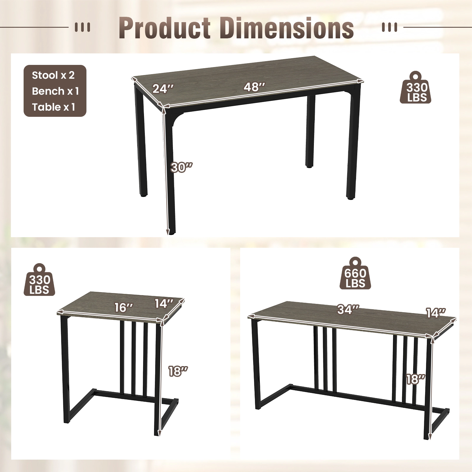 LJG 4 Pieces Space-Saving Dining Table Set with Bench and 2 Stools