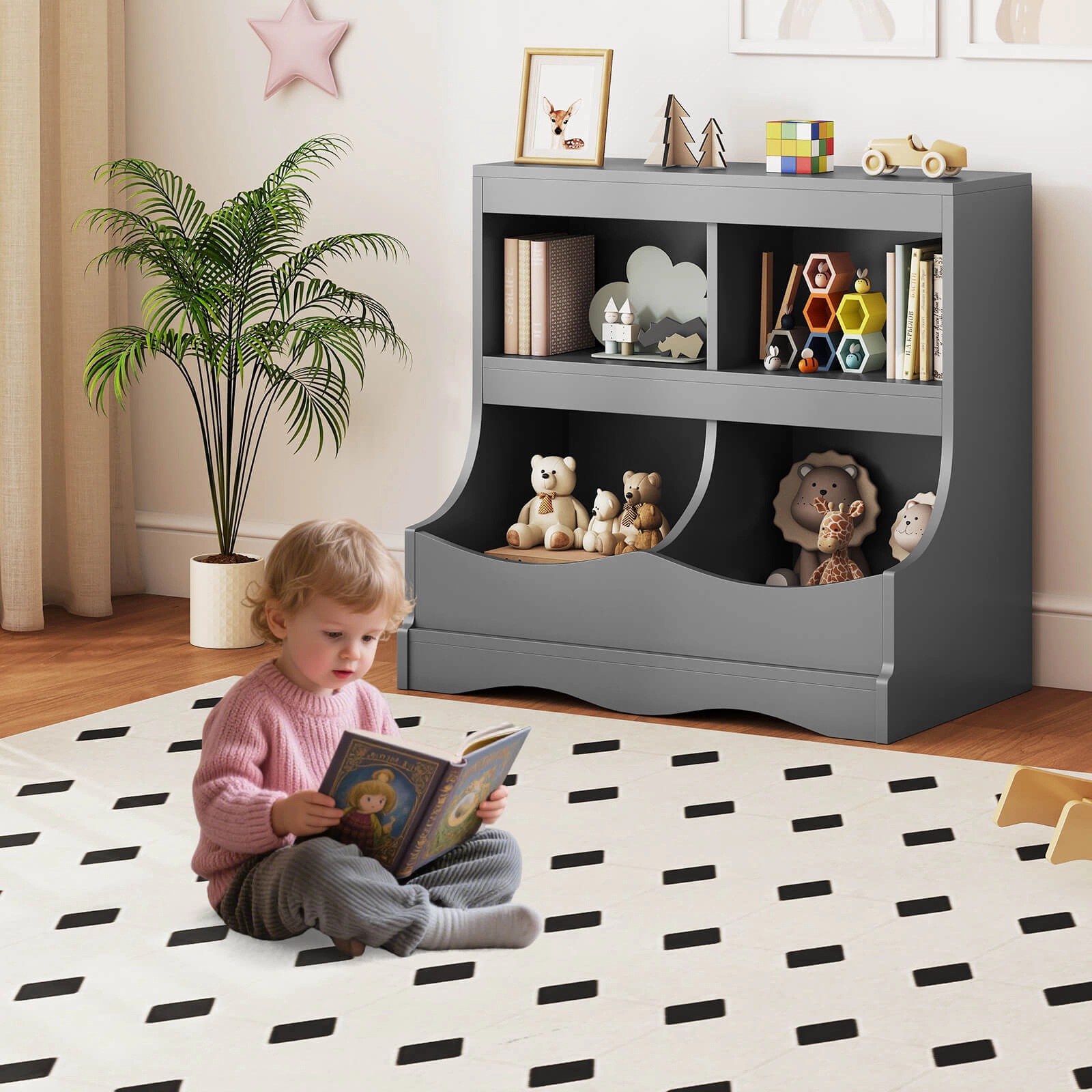 Costway Toy Storage Organizer for Toys & Books 4-Cubby Kids Bookcase Children's Room Gray
