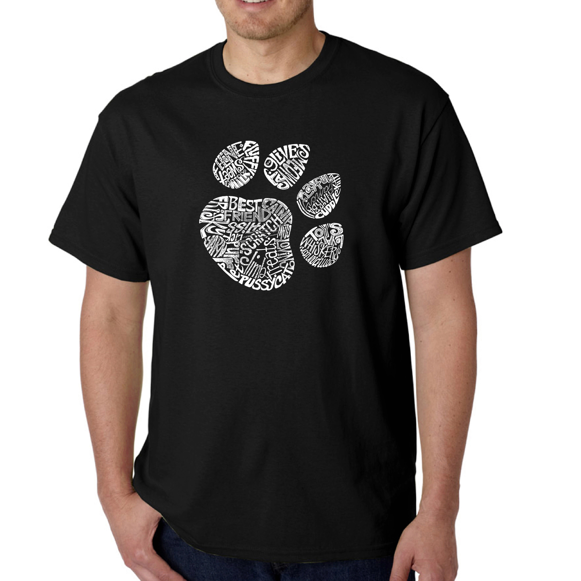 LA Pop Art Men's Cat Paw Word T-Shirt - 100% Cotton Crew Neck, Short Sleeve, Regular Fit