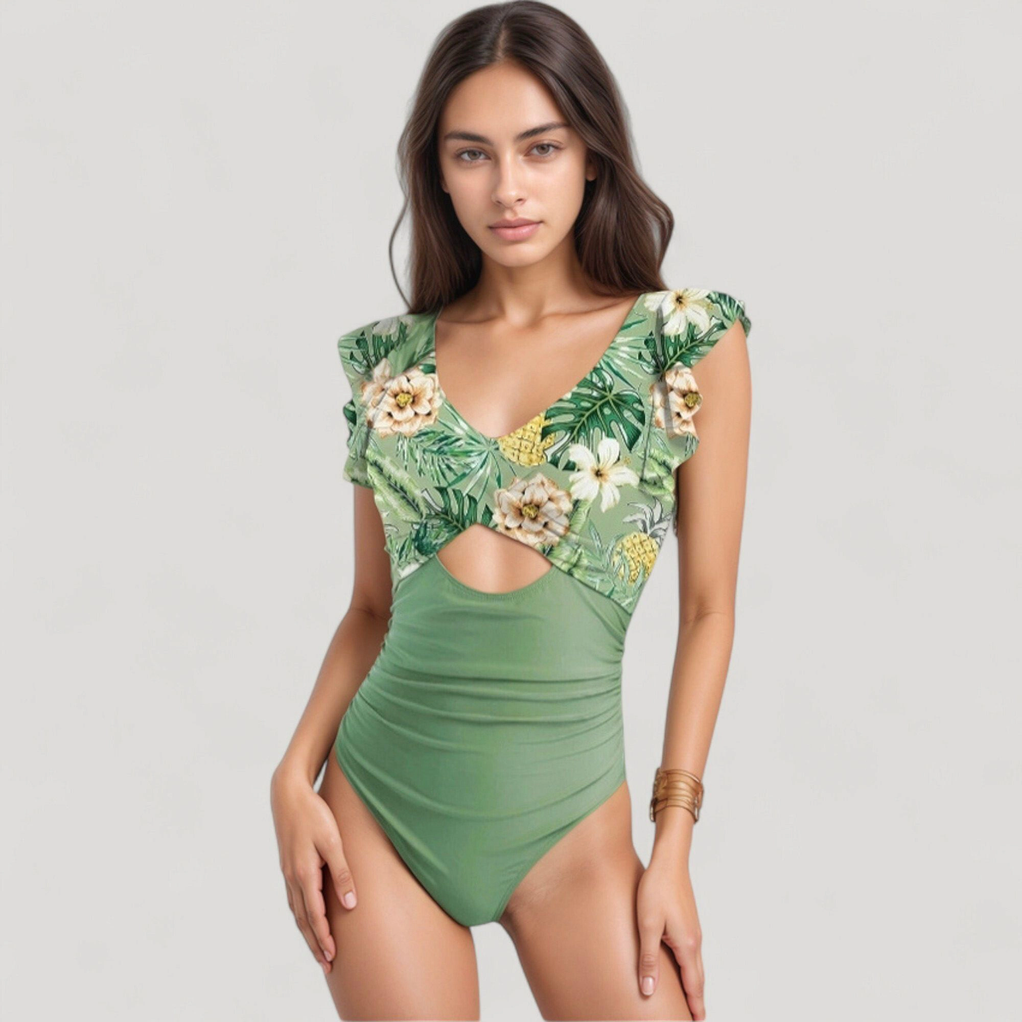 Anna-Kaci Women's Ruffle Sleeve One-Piece Swimsuit Cut Out Front Detail Ruched Waist Deep V Neckline
