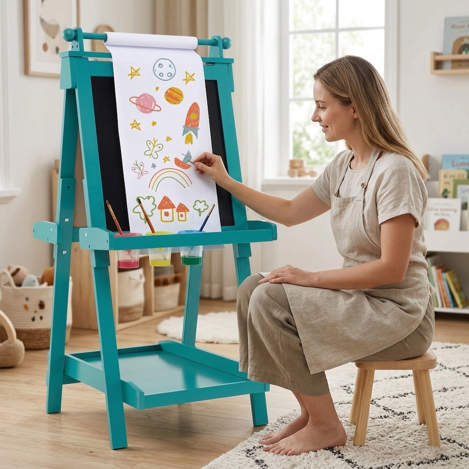 3-in-1 Double-Sided Chalkboard Easel for Kids Easy-Erase Magnetic Whiteboard 16.4-ft Replaceable Paper Roll Green