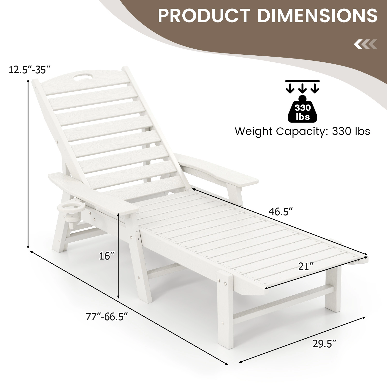 SUGIFT Cup Holder 330-lb White HDPE Patio Chaise Lounge Chair 4-Position Backrest