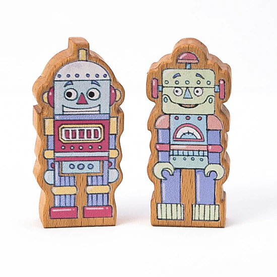 Finger Puppet Robot Duo - Solid Maple Wood, Made in USA
