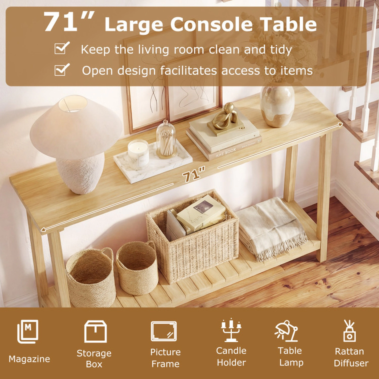 SUGIFT 71-in Long 12-in Narrow Natural Teak Wood 2-Tier Sofa Console Table with 67-in Bottom Shelf