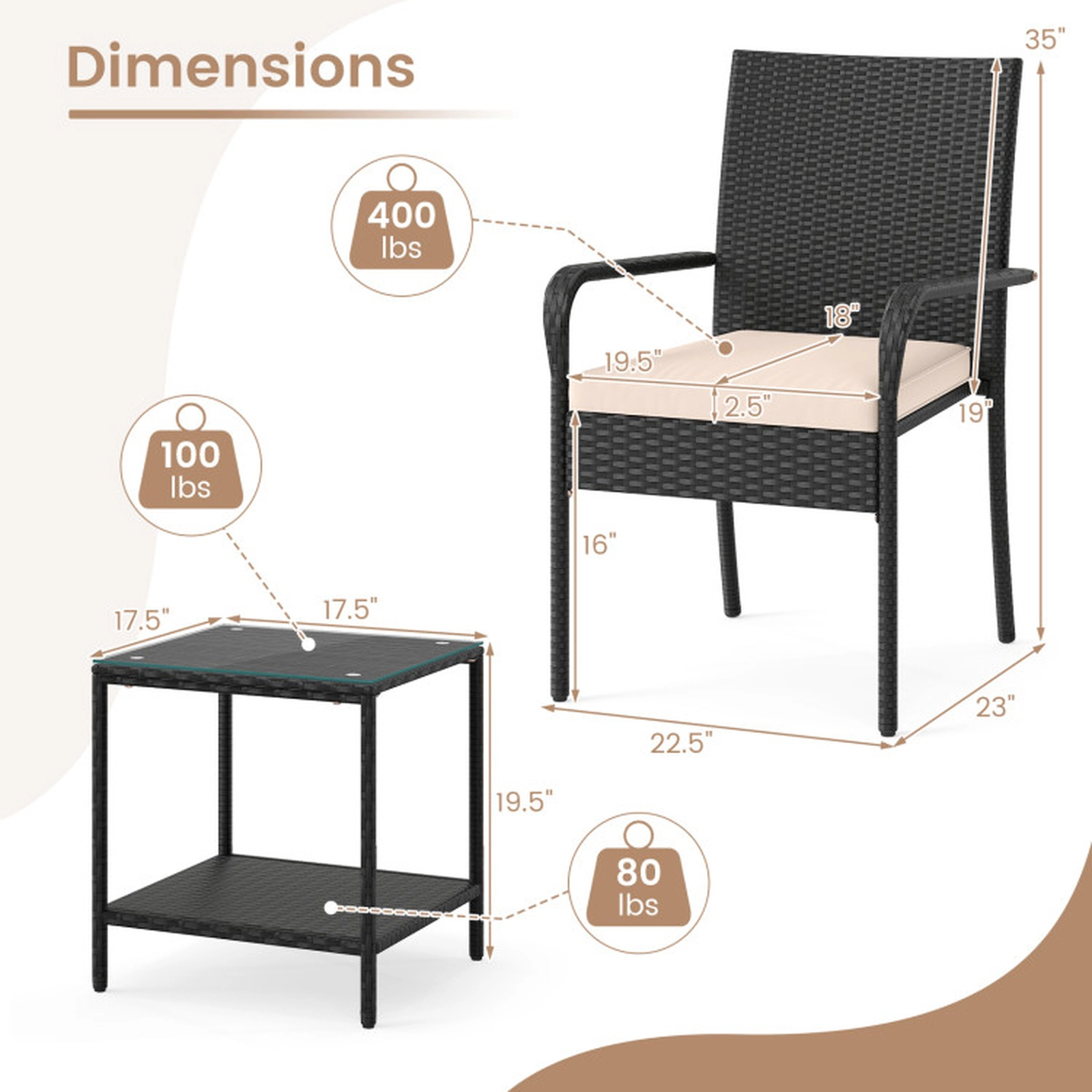 SUGIFT Seat Cushions and 2-Tier Side Table 3-Piece Patio Rattan Chair Set