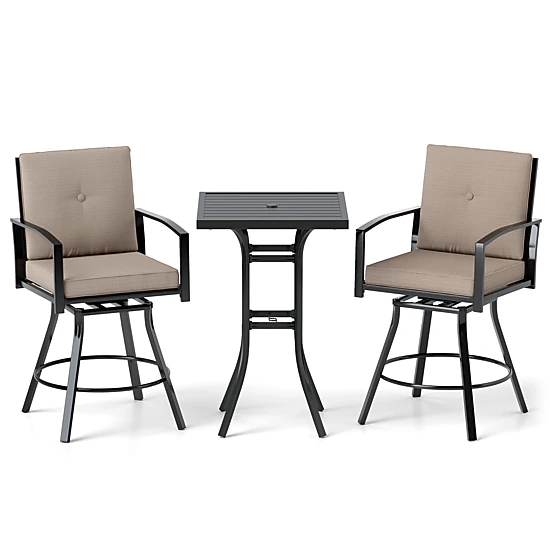 SUGIFT Swivel Patio Bar Set with 180-lb Table Capacity and 400-lb Stools with Cushions and 1.57-in Umbrella Hole Brown