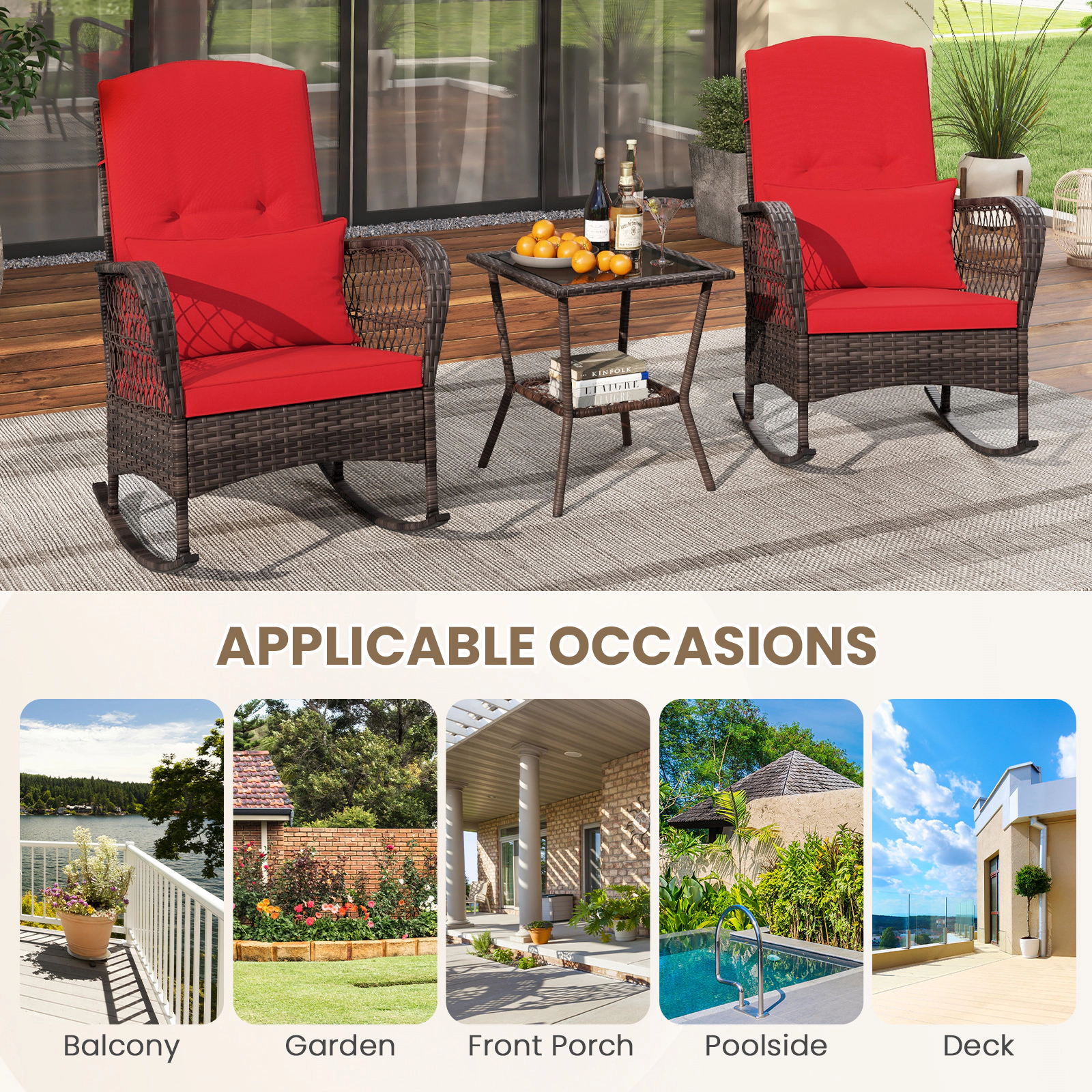 SUGIFT 3-Piece Rocking Bistro Conversation Set 2-Tier Coffee Table 440-lb Rocker Capacity Mix Brown Rattan Red Cushions