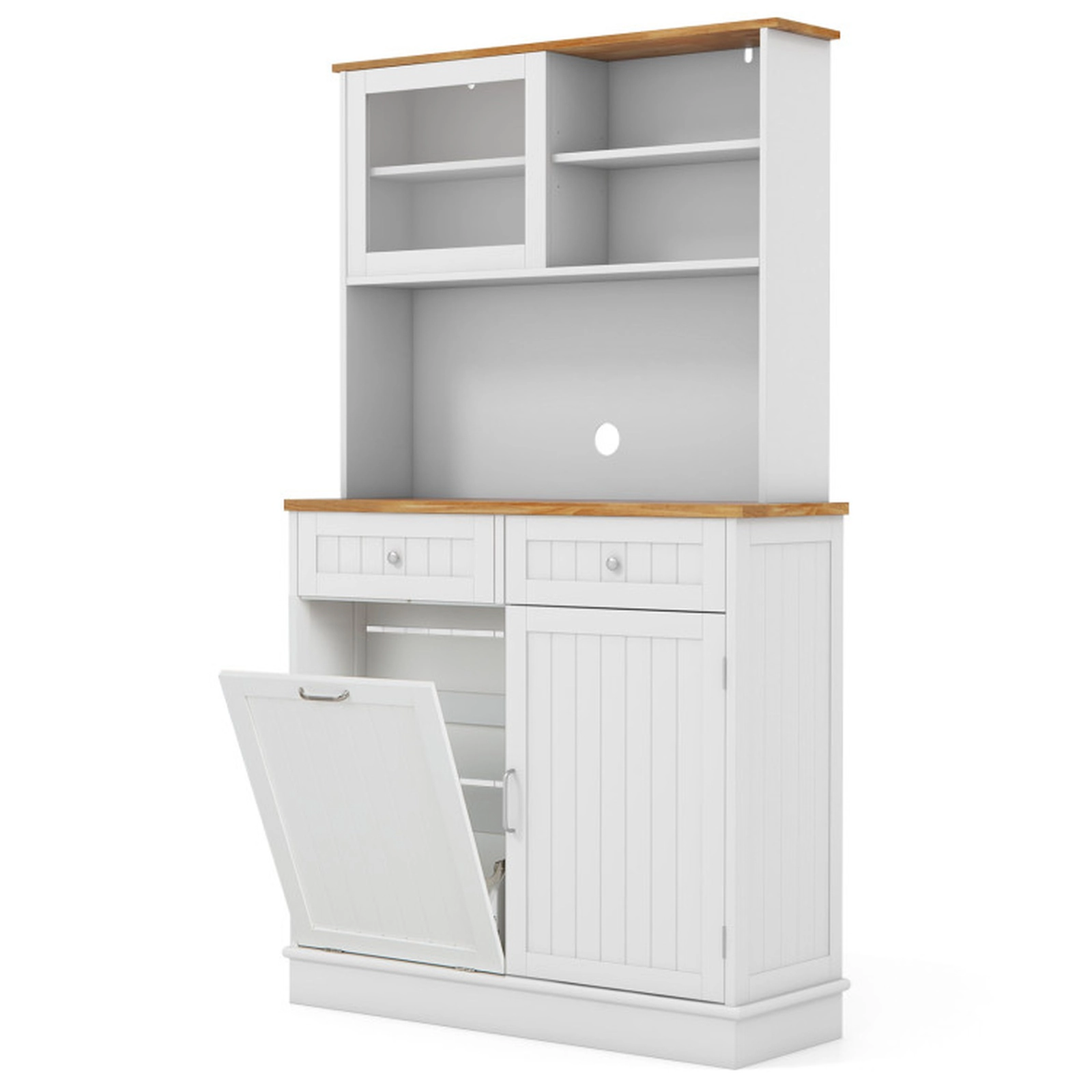 SUGIFT 39.5-in 300-lb Capacity Double Tilt Out Trash Can Cabinet with Hutch Rubber Wood Countertop and 2 Drawers