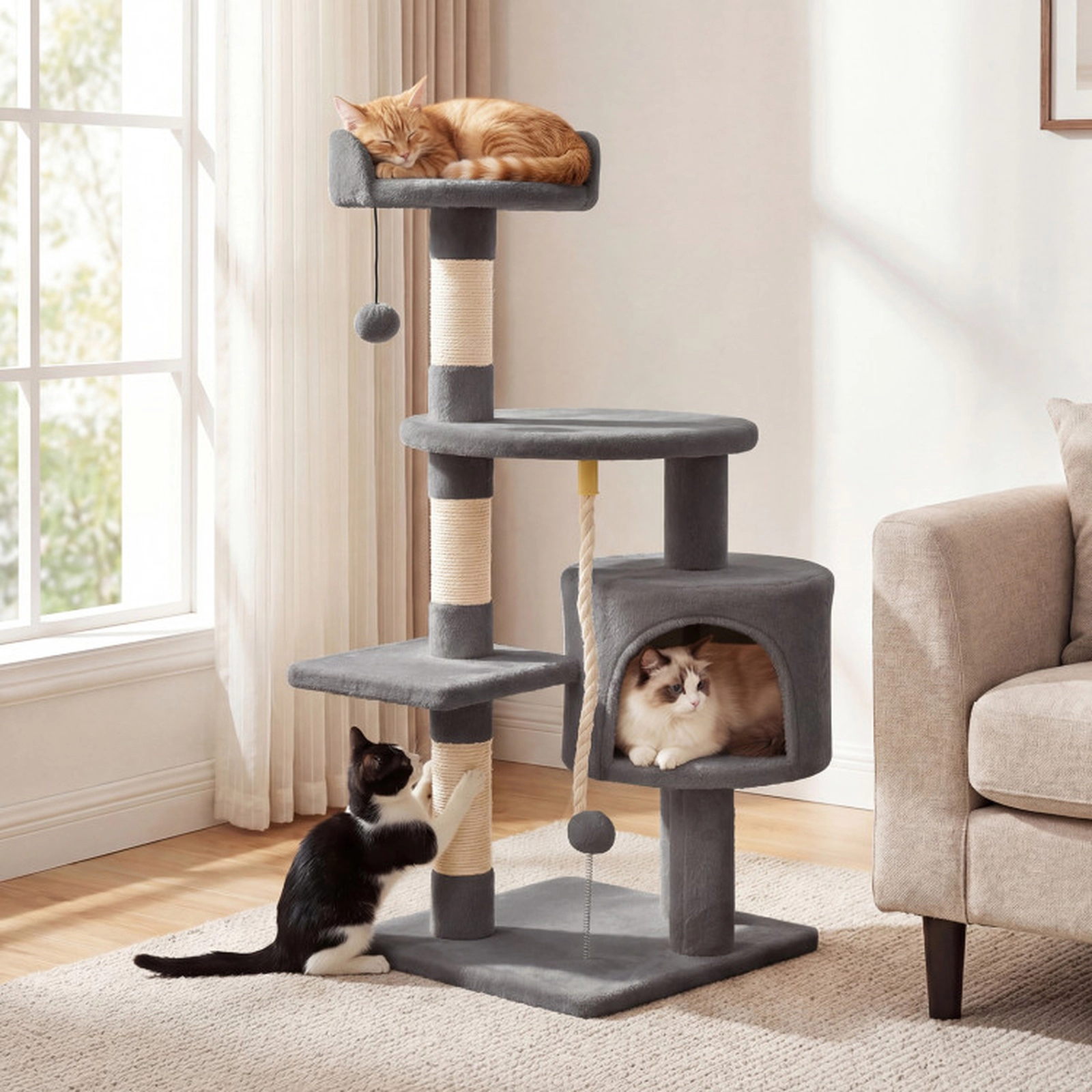 SUGIFT 36-in Light Gray Kitten Cat Tree Tower with Plush Top Perch Sisal Posts and Soft Condo for Indoor Cats