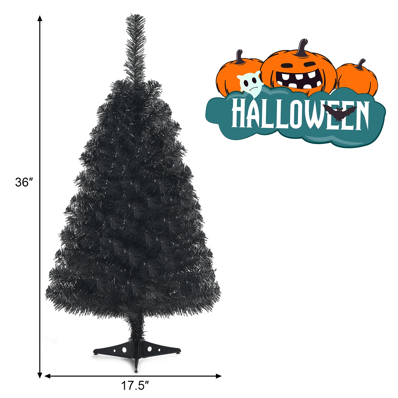 SUGIFT 3 ft Black Mini Christmas Tree Unlit Artificial Halloween Tree with Plastic Stand