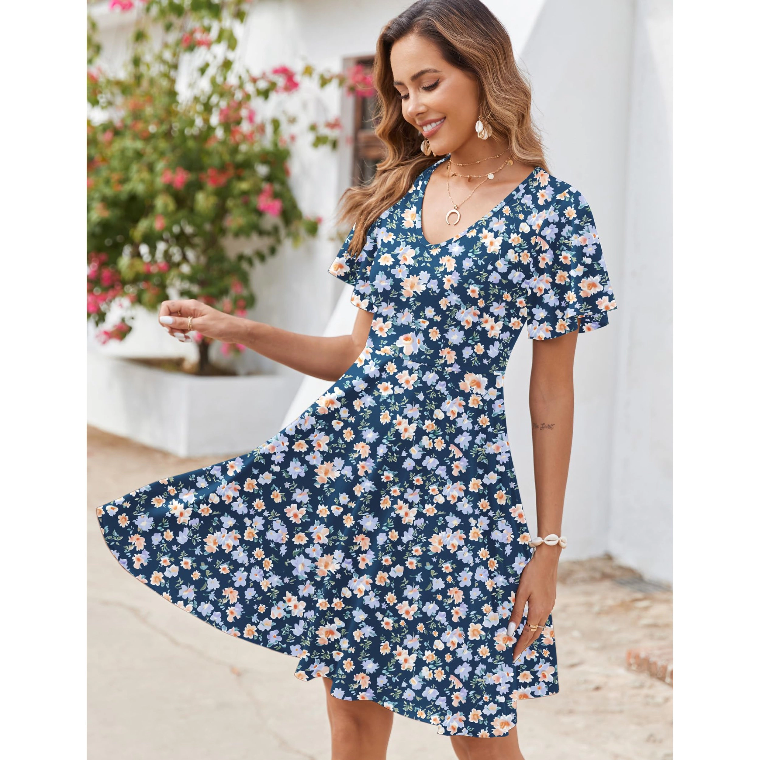 Zeagoo Women's V Neck Short Sleeve Midi Dress