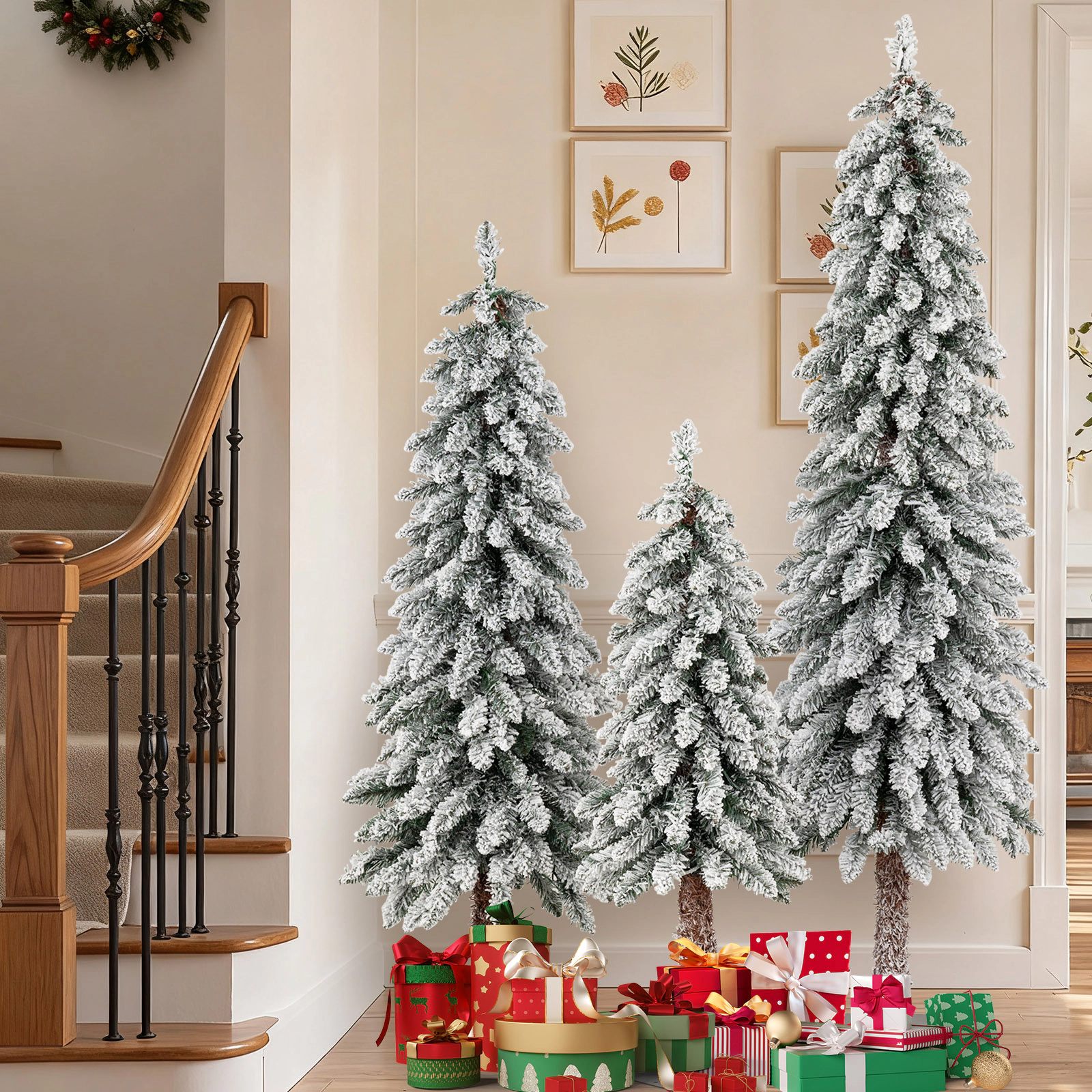 SUGIFT Set of 3 Pre-Lit Snow Flocked Christmas Trees 3 ft 4 ft 5 ft Slim Artificial Xmas Trees
