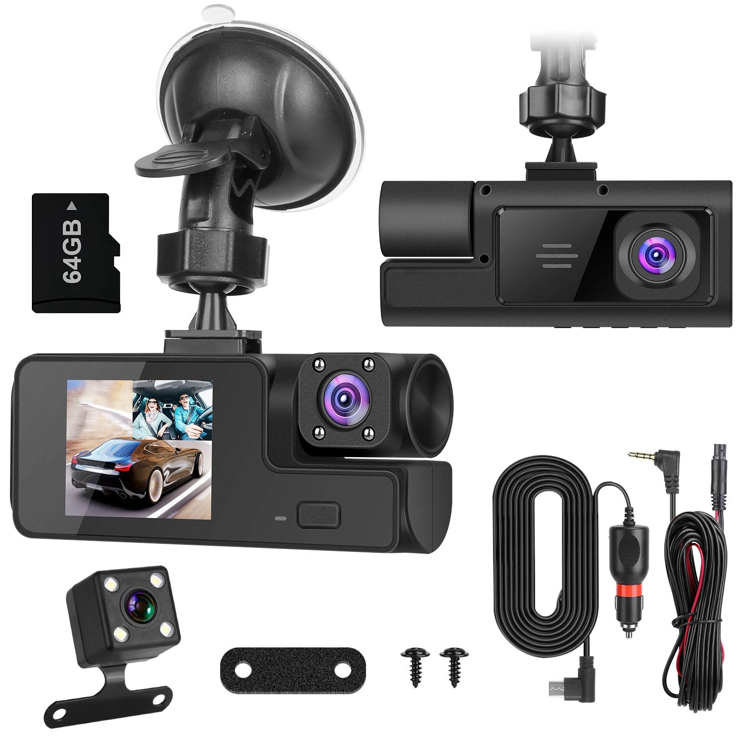 GBruno WiFi 3-Channel Car Dash Cam With 64GB Card