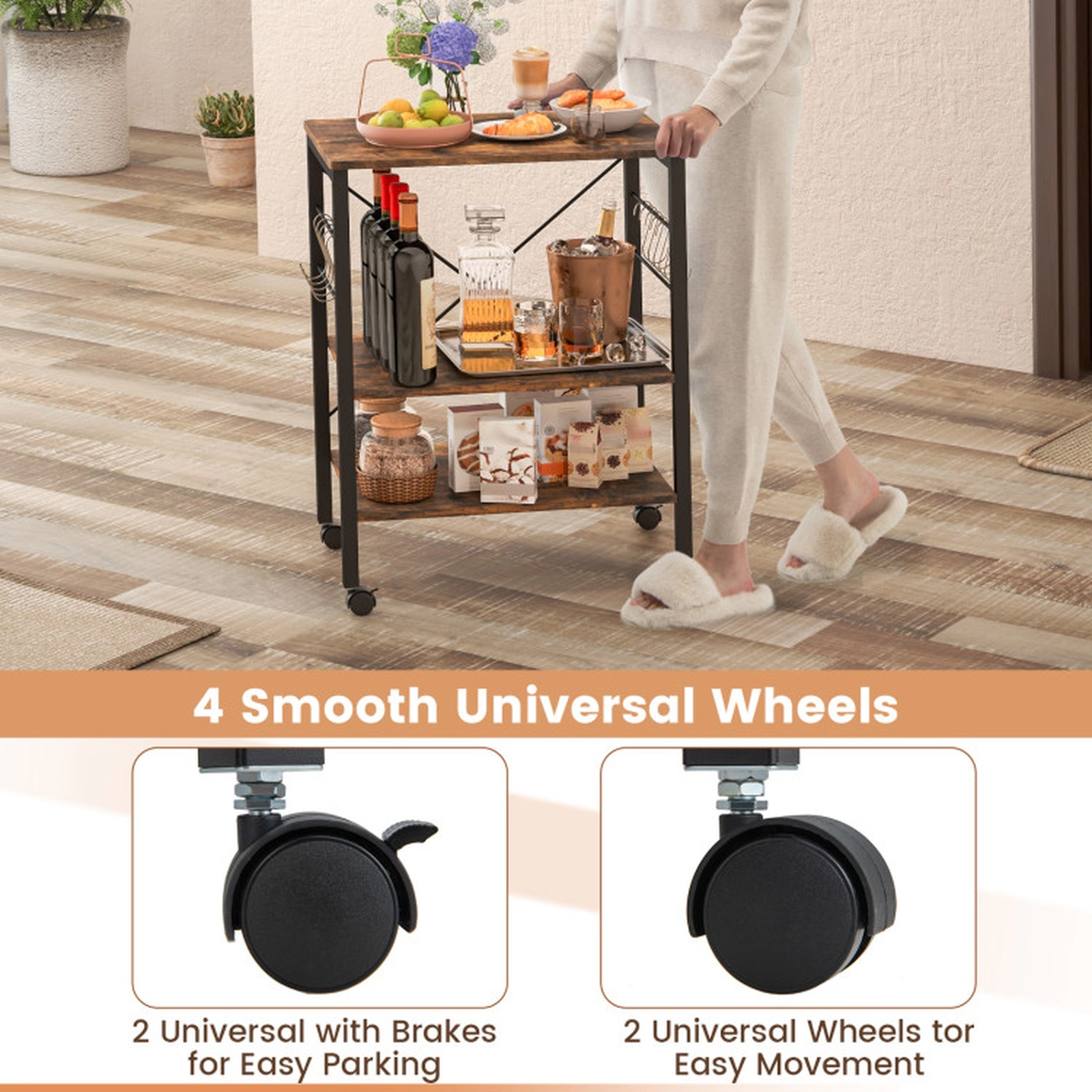 SUGIFT 3-Tier Kitchen Bakers Rack Rustic Brown Microwave Cart with 10 Hooks