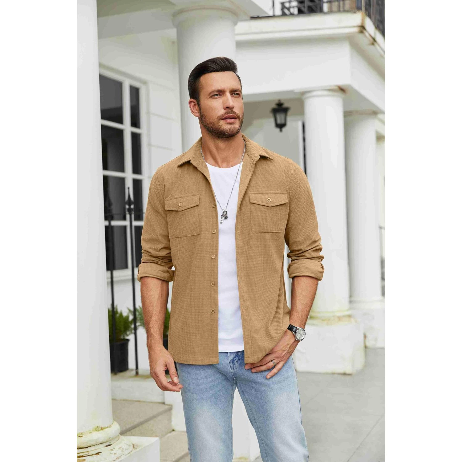 COOFANDY Mens Casual Short Sleeve Polo Shirts  Button Down Collar Pocket Tees
