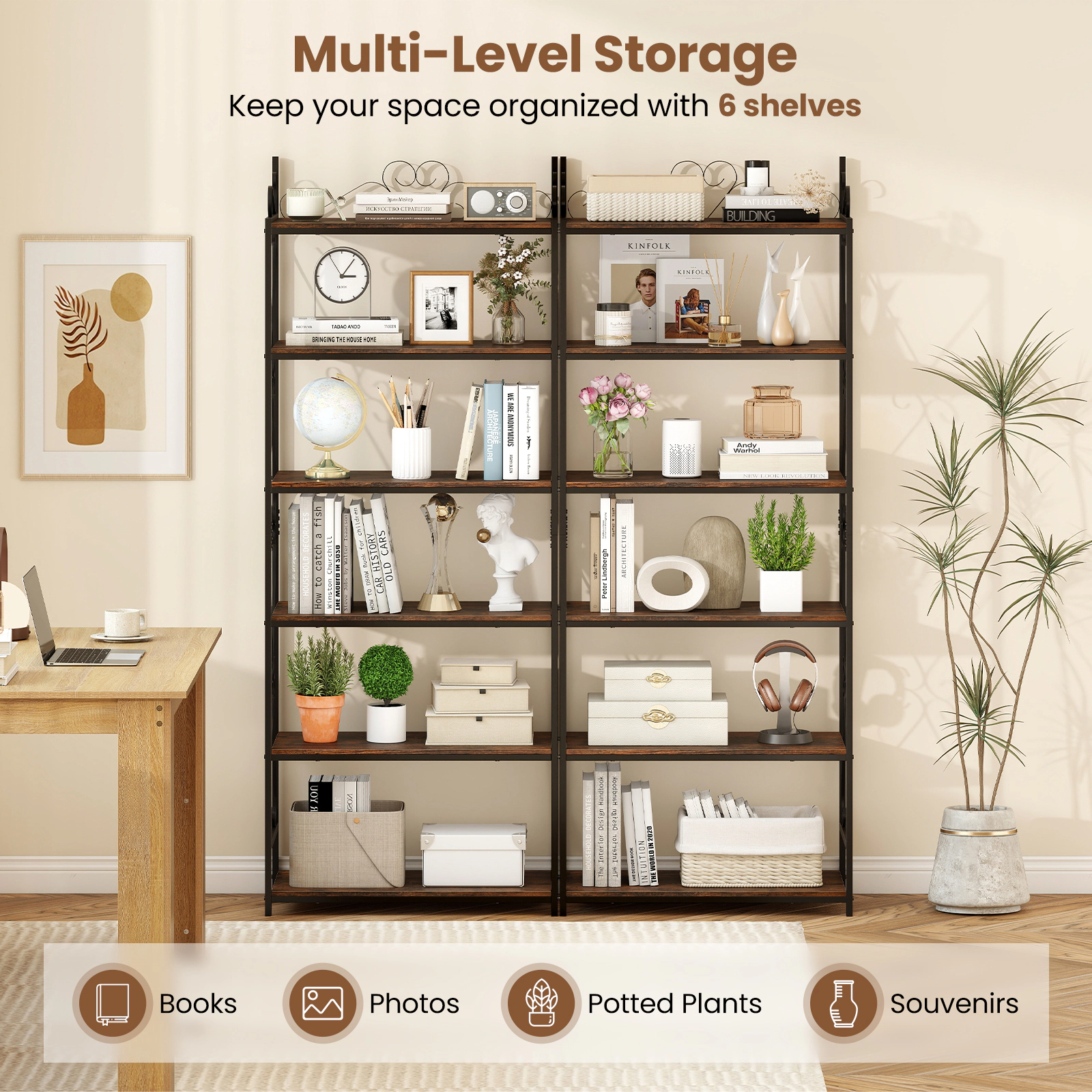SUGIFT 6-Tier 71.5-in Tall Industrial Bookshelf with Scrollwork Metal Frame and 44-lb Shelves for Study
