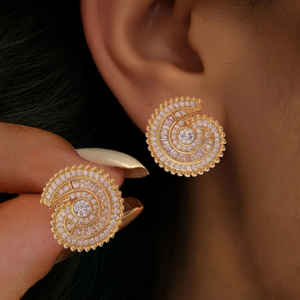 Spiral Shell Multi-Layer Paved Round Stud Earring