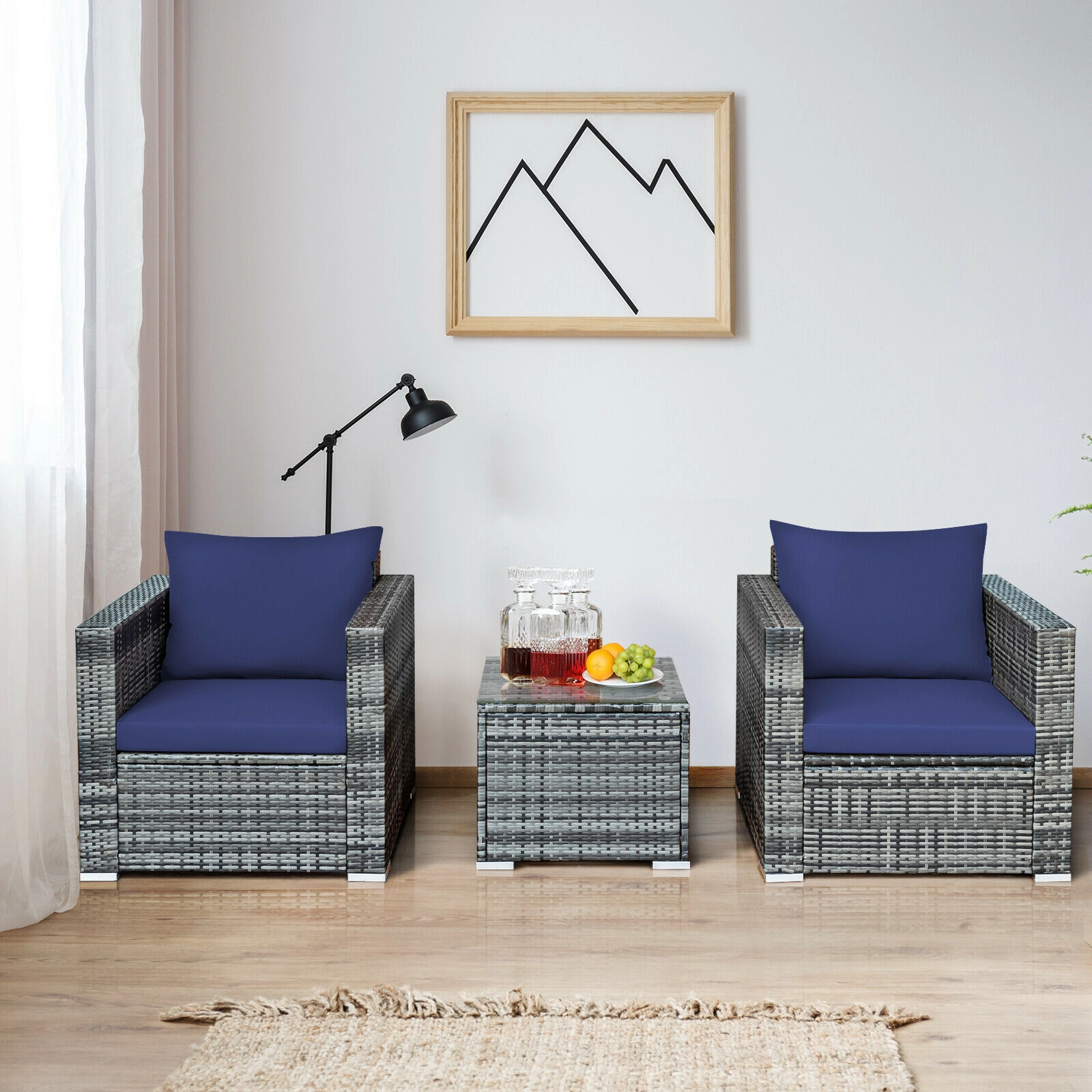 SUGIFT 3-Piece Gray Rattan Patio Sofa Set with 2 Cushioned Chairs and Lift-Out Glass Coffee Table