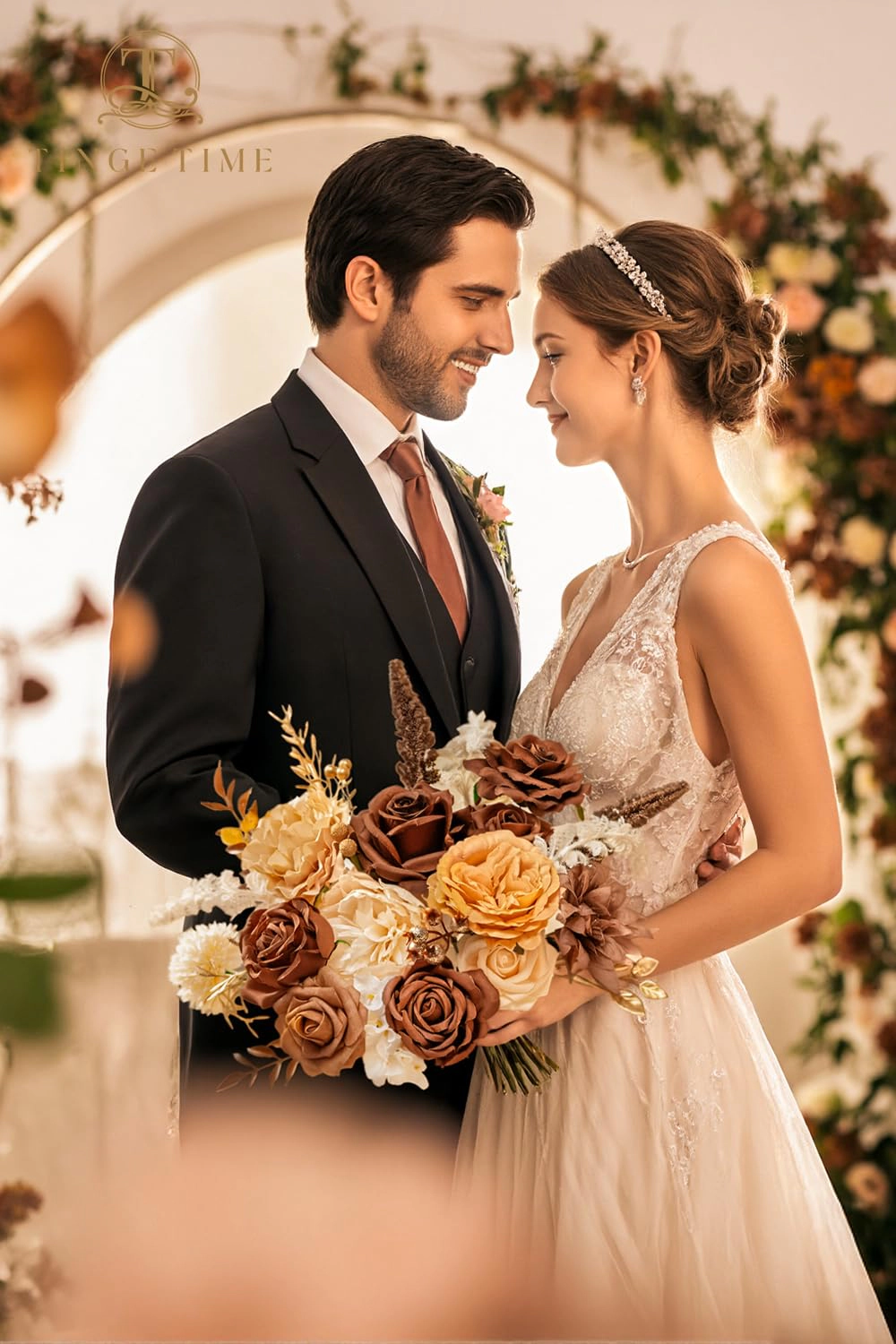 PUPWE Fall Artificial Flowerbo  Rose Dahliat Orange