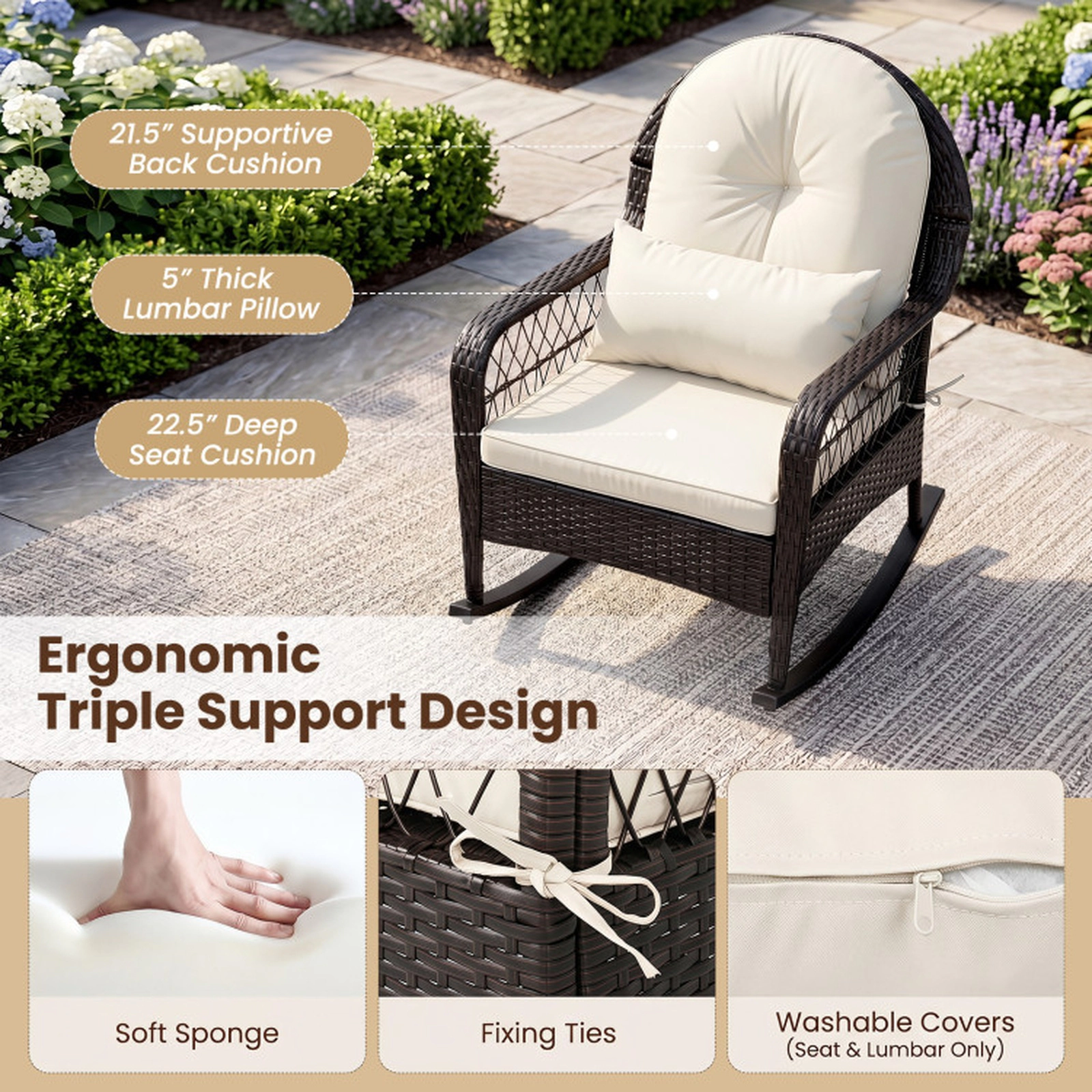 SUGIFT Outdoor PE Wicker Rocking Chair Anti-Tip Stoppers Lumbar Pillow Cushions 400-lb Capacity 25 x 29 x 34-in White