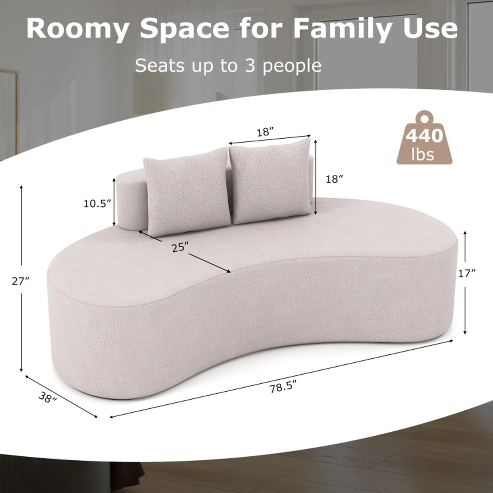 SUGIFT 78.5-Inch Curved Boneless 3-Seat Sofa, Beige/Grey, with Throw Pillows