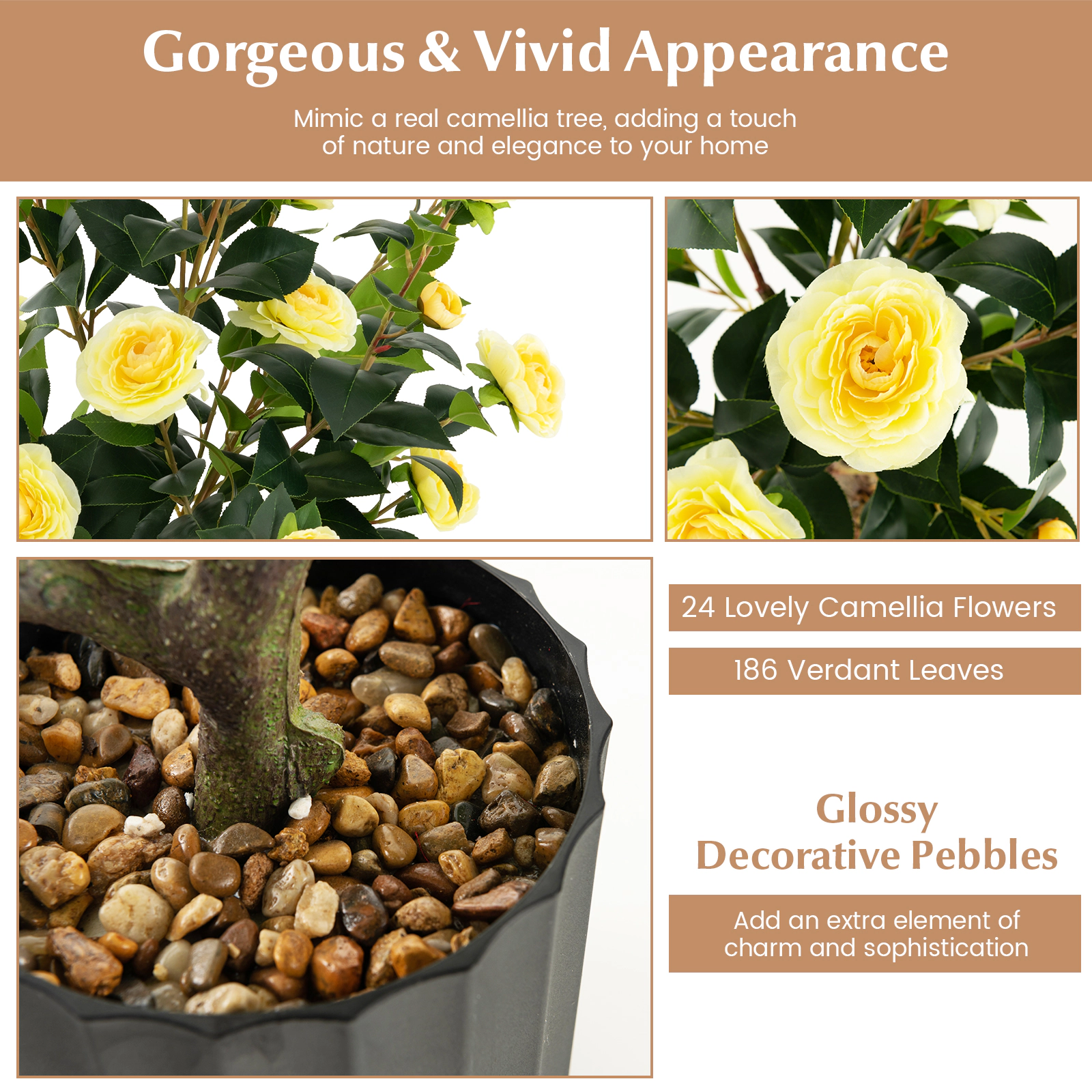 SUGIFT 38-in Artificial Yellow Camellia Tree with 24 Silk Blooms 186 Leaves and Pebble-Topped Pot