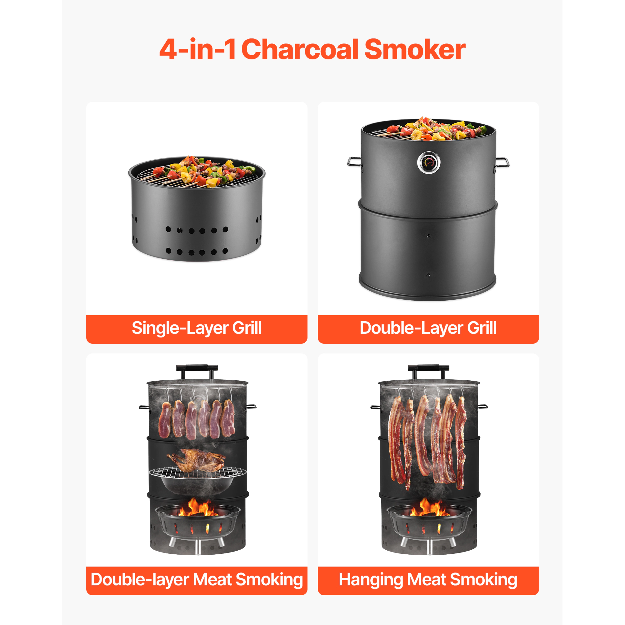 HONGGE Outdoor Charcoal Smoker BBQ with Thermometer for Patio Cooking