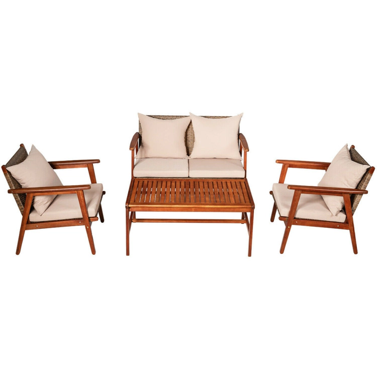 Hivvago 4 Pieces Acacia Wood Patio Rattan Furniture Set With Cushions