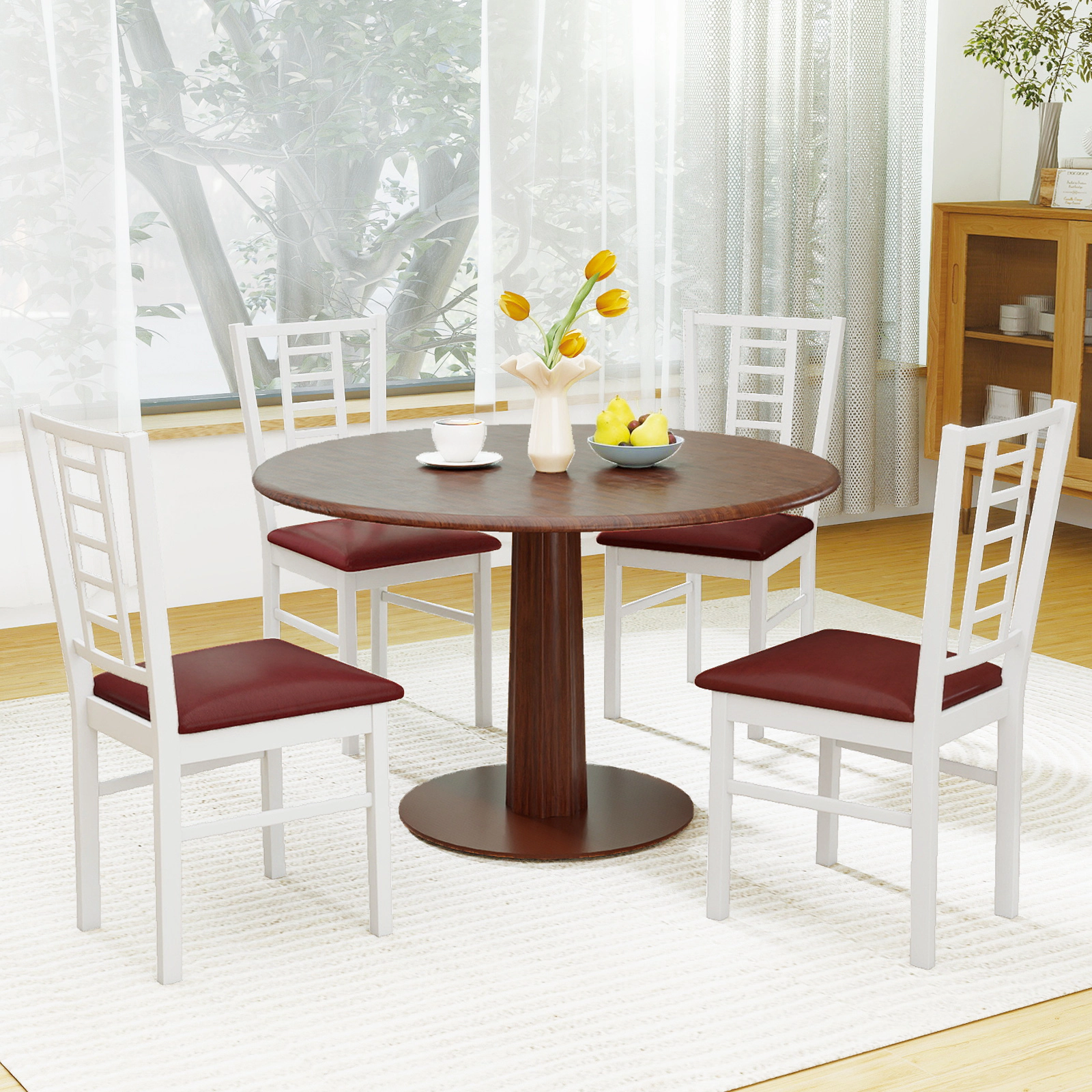 SUGIFT High-Back PU Leather Dining Chair 330-lb Capacity Walnut/White Frame Black/Brown Seat