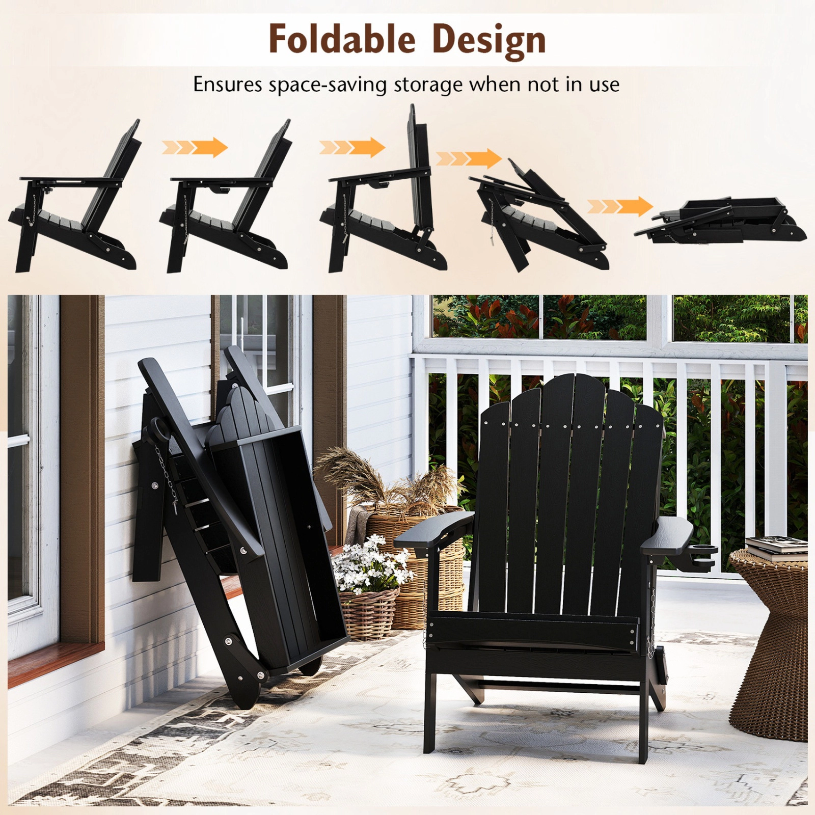 SUGIFT Weather Resistant Folding HDPE Adirondack Chair 400-lb Capacity Black