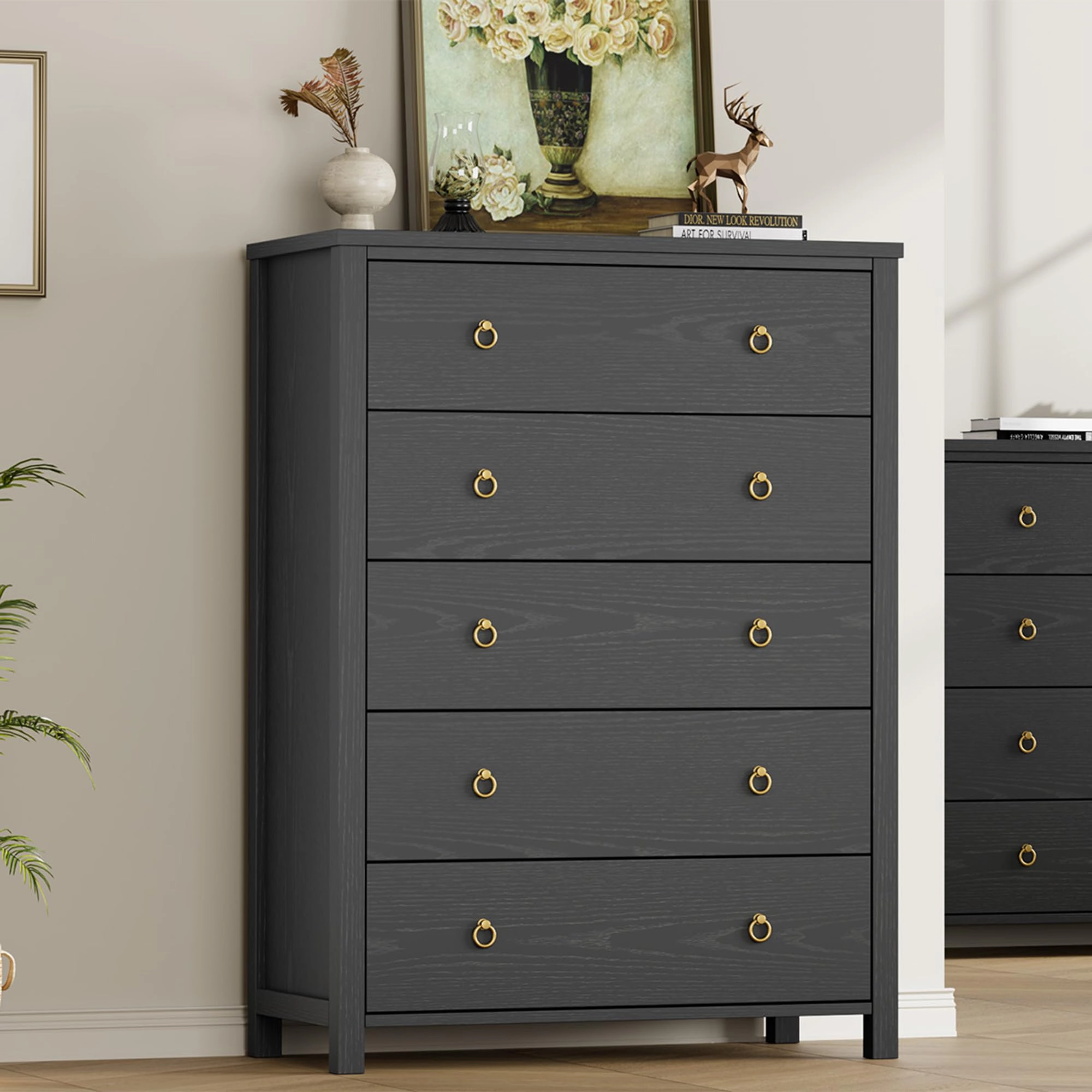 5 Drawer Modern Dresser, 45" Tall Wooden Storage Cabinet & TV Stand for Bedroom Nursery Entryway