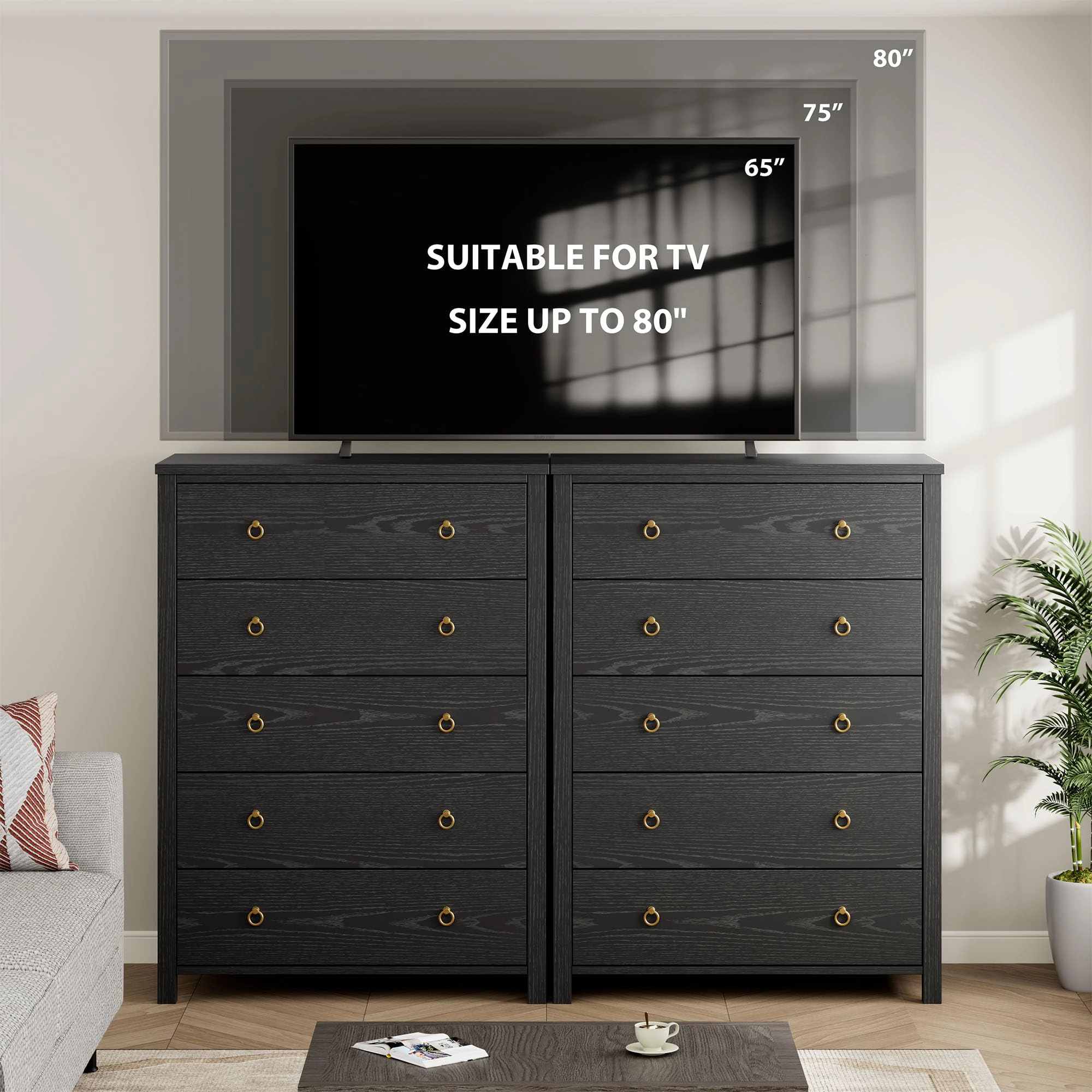 5 Drawer Modern Dresser, 45" Tall Wooden Storage Cabinet & TV Stand for Bedroom Nursery Entryway